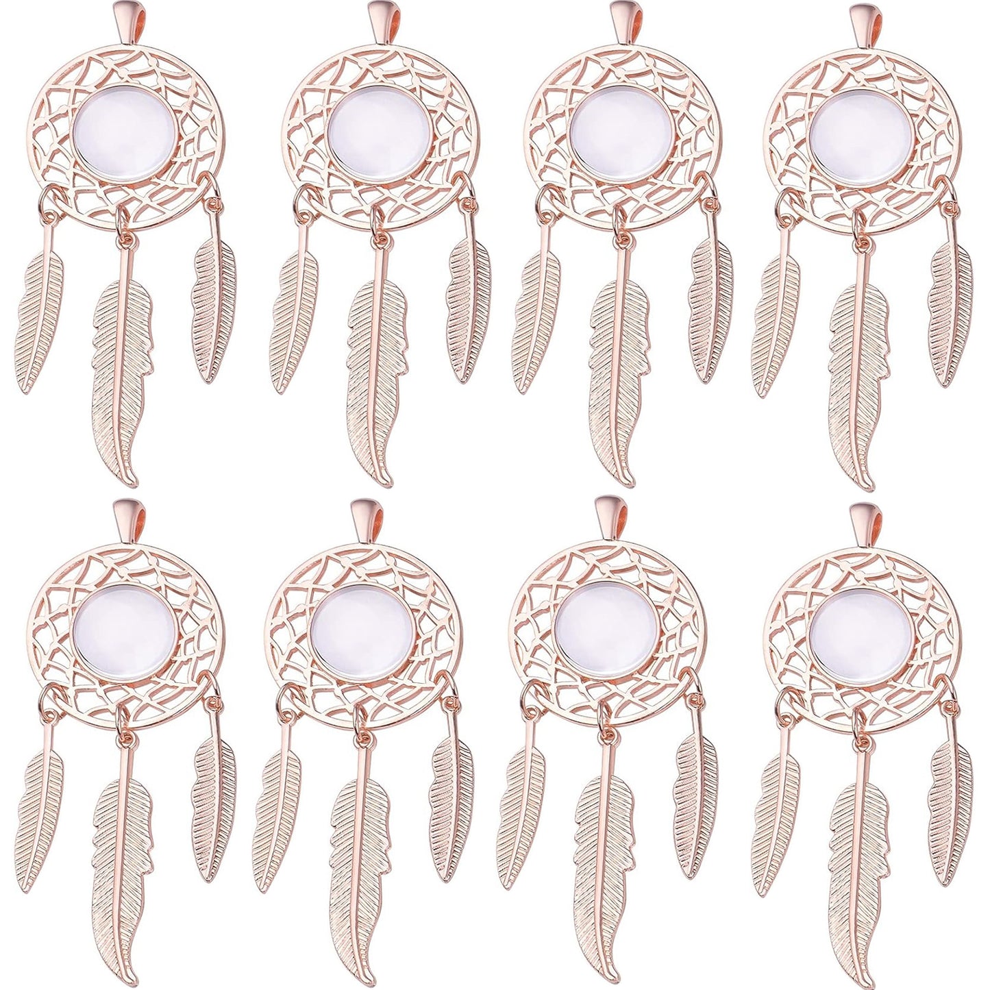 8 Sets Dream Catcher Pendant Trays Dangling Dreamcatcher Charms Feather Filigree Pendants Ornament with Clear Dome Glass Cabochons for DIY Jewelry Making, 4 Colors