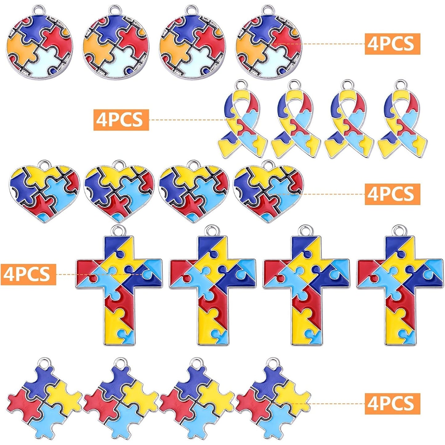 20pcs Autism Charms Pendants Ribbon Heart Round Square Cross with Puzzle Shape Charms Enamel Colorful Enamel Autistic Awareness Pendants for DIY Necklace Bracelet Earrings Jewelry Making Supplies
