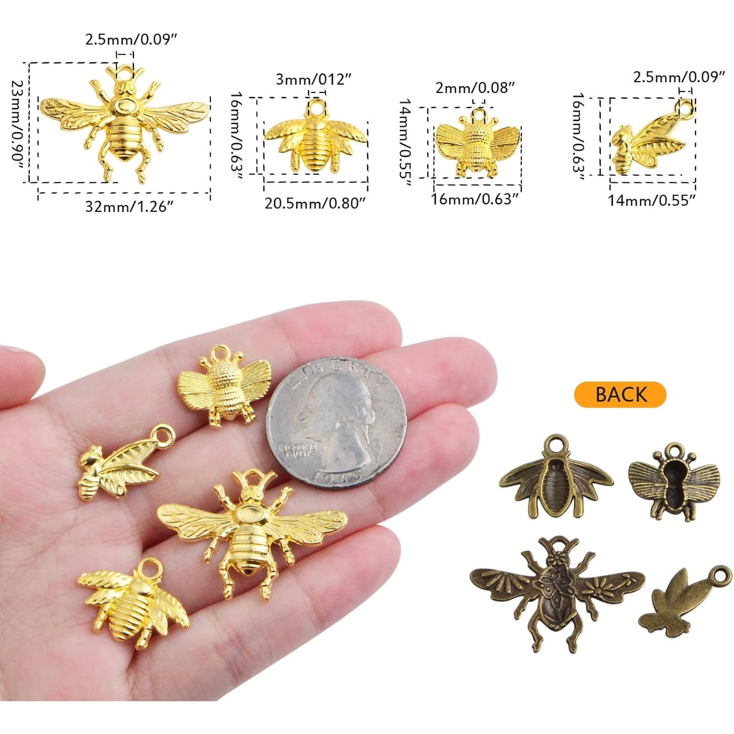 60 Pieces 4 Styles Bee Pendant Charms Antique Alloy Honeybee Fly Insect Dangle Charms Jewelry Findings for DIY Bracelet Necklace Earrings Crafting, 3 Colors