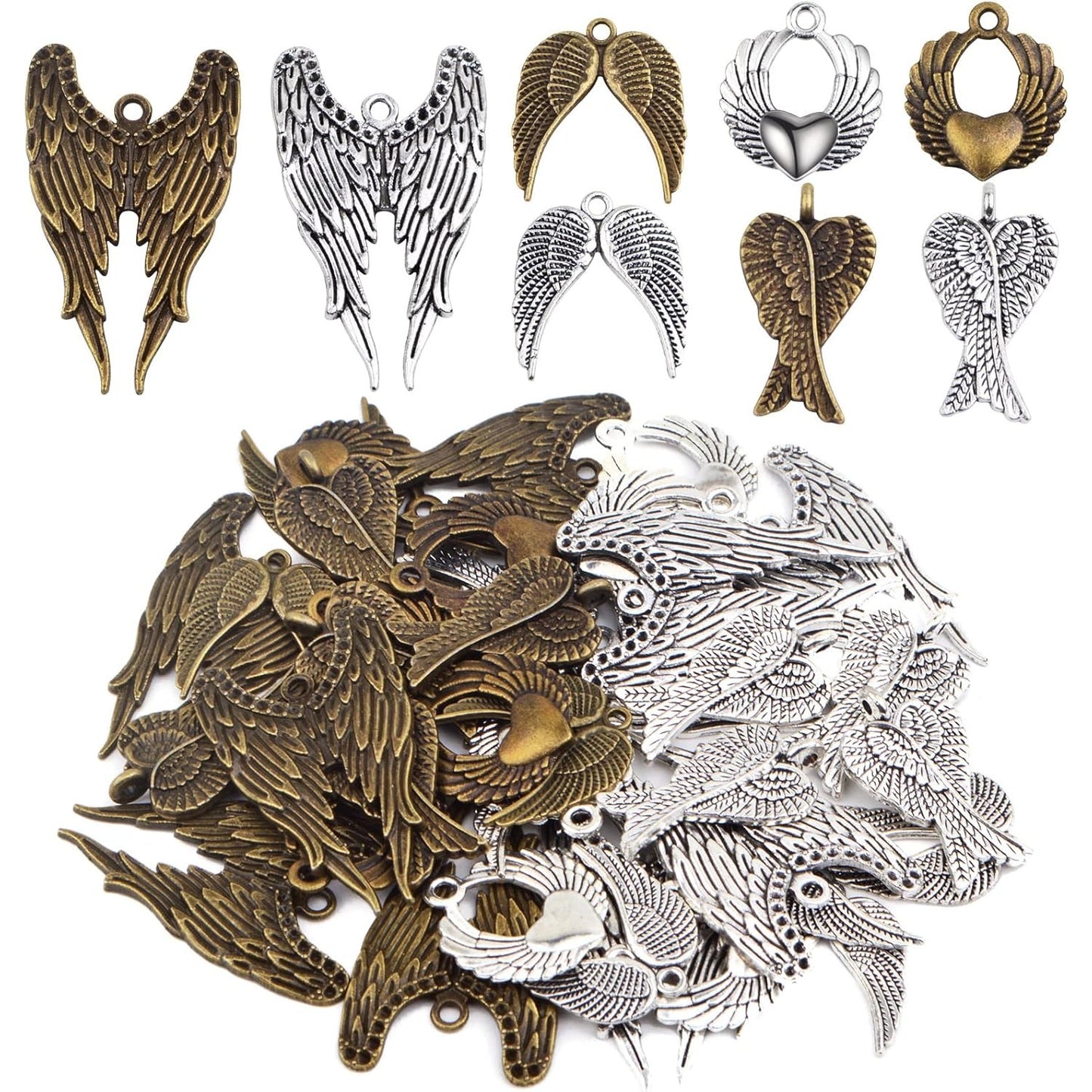 40pcs 4 Styles Angel Double Wing Charms Tibetan Style Alloy Fairy Wing Feather Bead Pendants Ornaments for DIY Craft Earring Necklace Jewelry Making Findings, 2 Colors