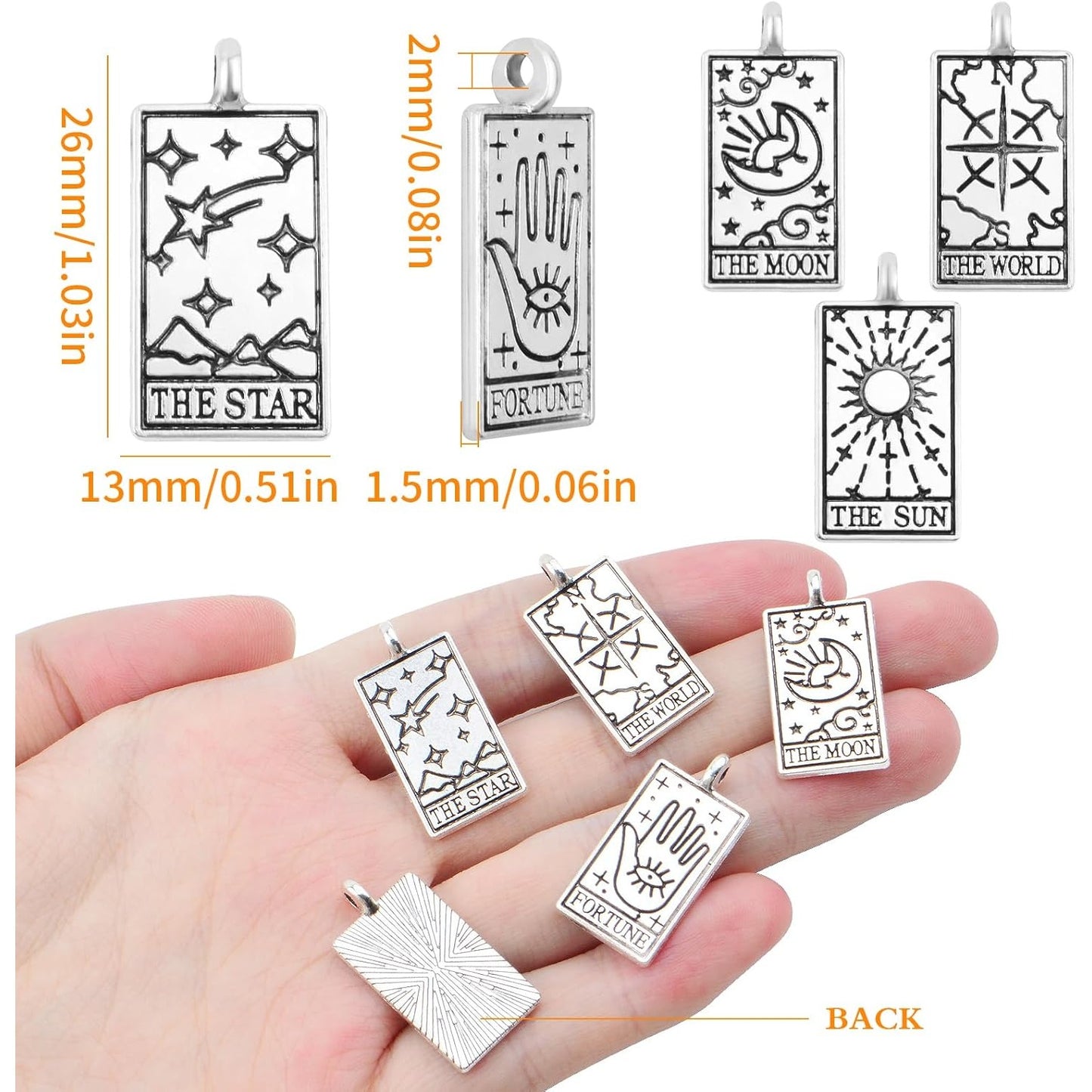 30pcs Antique Silver Rectangle Tarot Card Charms Vintage Alloy Sun Moon Star Fortune Good Luck Amulet Magic Dangle Pendants for DIY Earrings Jewelry Making Supplies, 5 Styles
