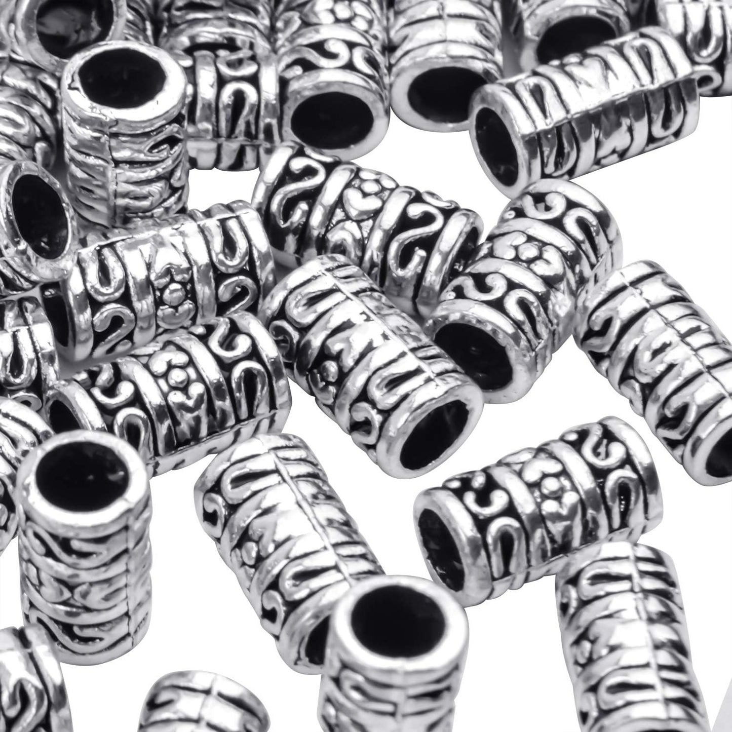 60pcs Tibetan Antique Silver Spacers European Large Hole Beads Charms Hollow Tube Bead Caps for DIY Dreadlocks Jewelry Crafts