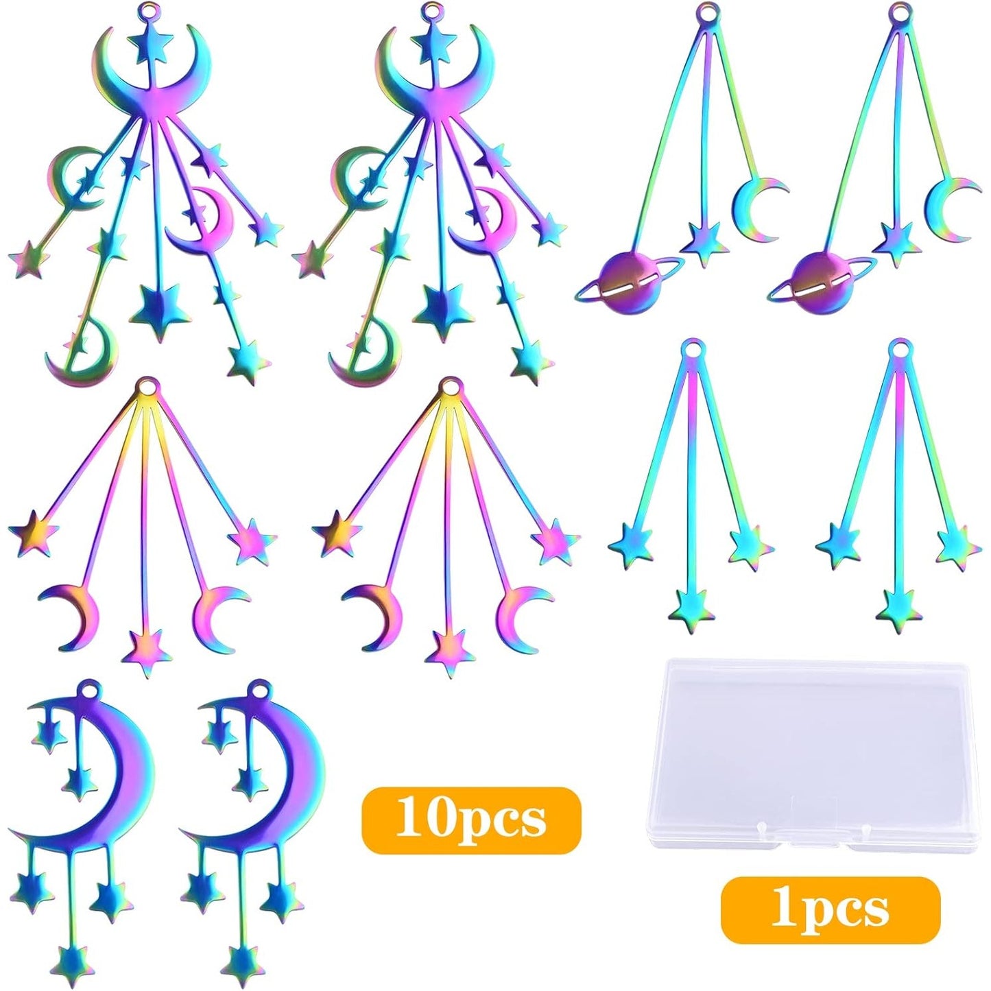 10pcs 5 Styles Stainless Steel Moon Star Charms Celestial Nature Theme Tassel Pendants Etched Embellishments with a Box for DIY Necklace Earrings Jewelry Making Supplies, Rainbow Color