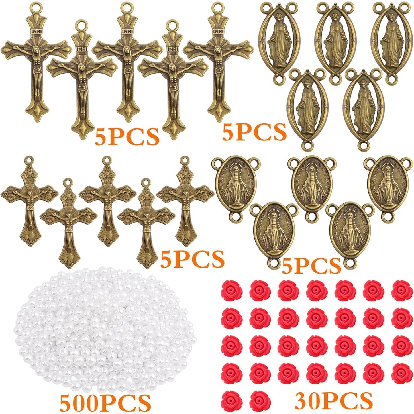 10pcs Antique Golden Jesus Cross Charms, 10pcs Virgin Mary Pendant Links, 30pcs Cinnabar Red Rose Beads and 500pcs White Pearls Kit for DIY Rosary Necklace Crafts Jewelry Making