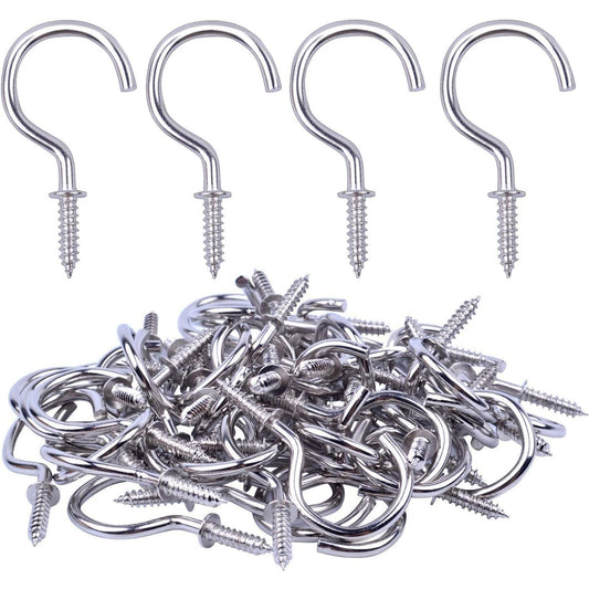 BronaGrand 100pcs Nickel Plated Metal Screw-in Ceiling Hooks Cup Hooks Silver 1inch
