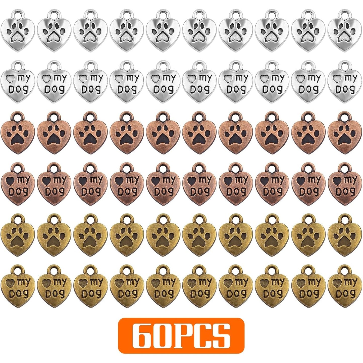 60pcs Love My Dog Lettering Word Charms Tibetan Alloy Heart Dog Paw Print Pendants Double-Sided Animal Pet Puppy Footprint Charms for DIY Necklace Bracelet Jewelry Making, 3 Colors
