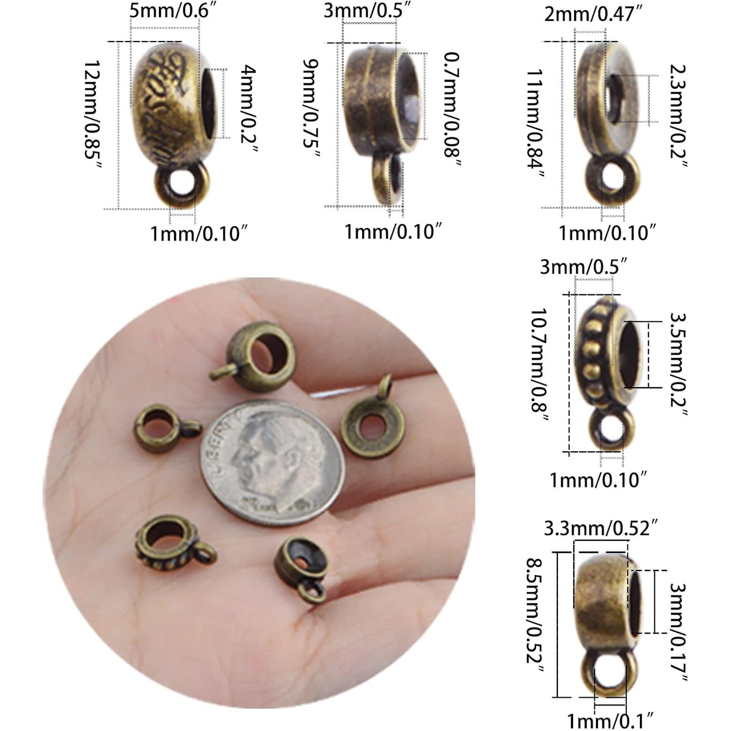 100 Gram Antique Bronze Bail Tube Beads Vintage Tibetan Alloy Bail Beads Connectors Spacer Bead Hanger Links for DIY European Bracelet Jewelry Crafts Making, 5 Styles