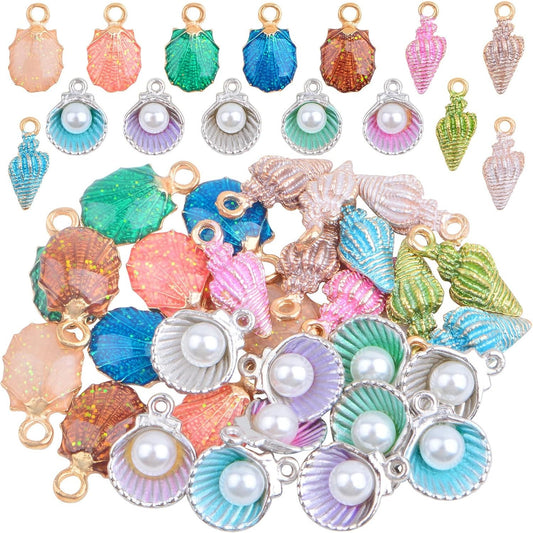 30pcs 3 Styles Alloy Ocean Life Seashell Conch Shells Charms Colorful Enamel Pearl Sea Animal Pendant Charms Craft Supplies for DIY Jewelry Making Birthday Wedding Party Gifts