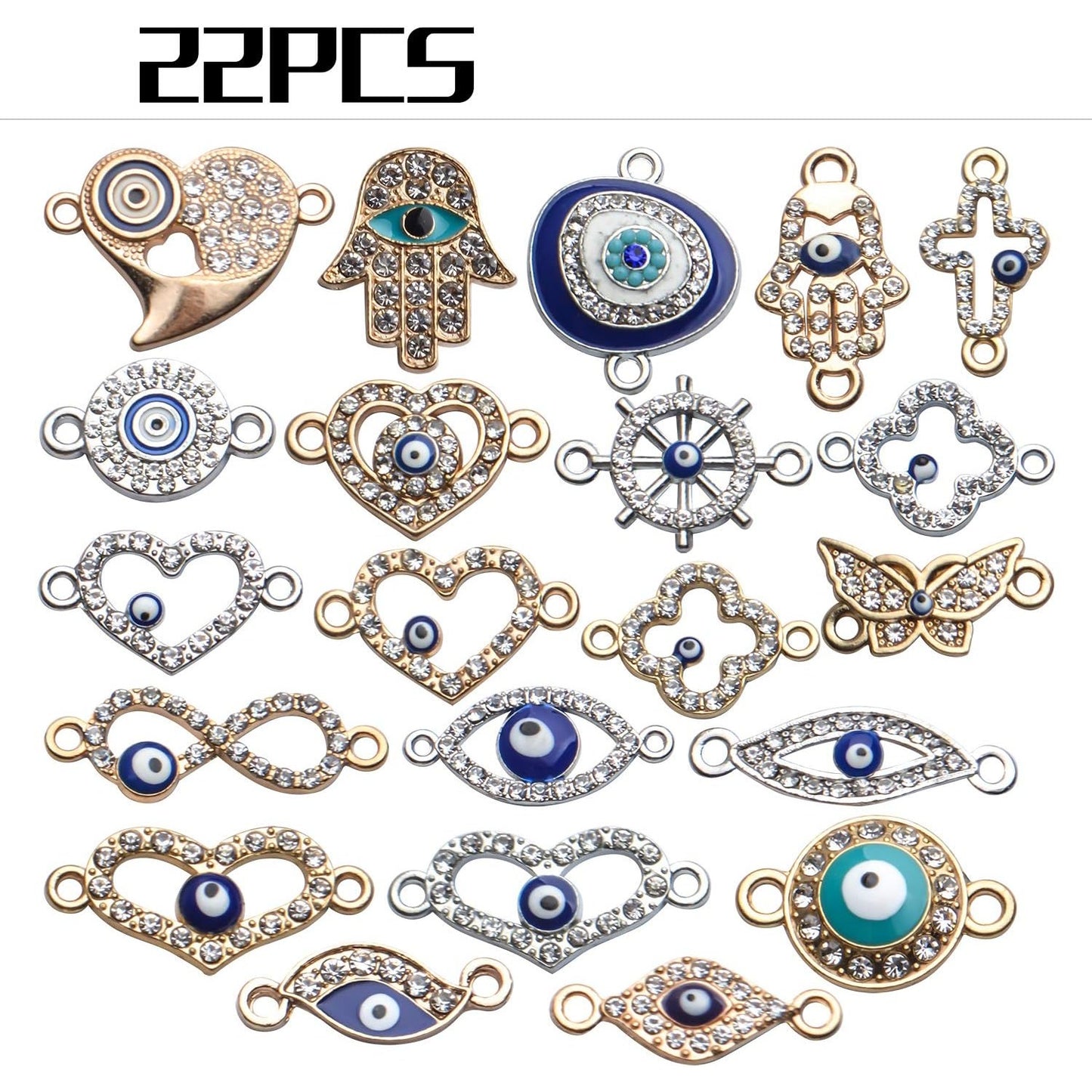 Evil Eye Connector Charms, 22pcs Enamel Rhinestone Diamond Heart Infinity Butterfly Hand of Fatima Jewelry With 2 Holes for DIY Bracelet Earrings Necklace