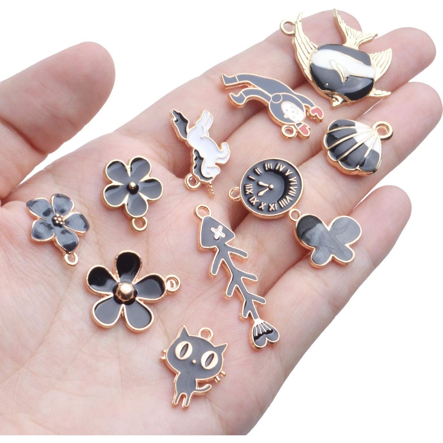 Black Enamel Charms,31pcs Gold Plated Enamel Charms Mixed Flower Star Cat Fish Pendants Jewelry Making Accessories for Necklace Bracelet Earrings