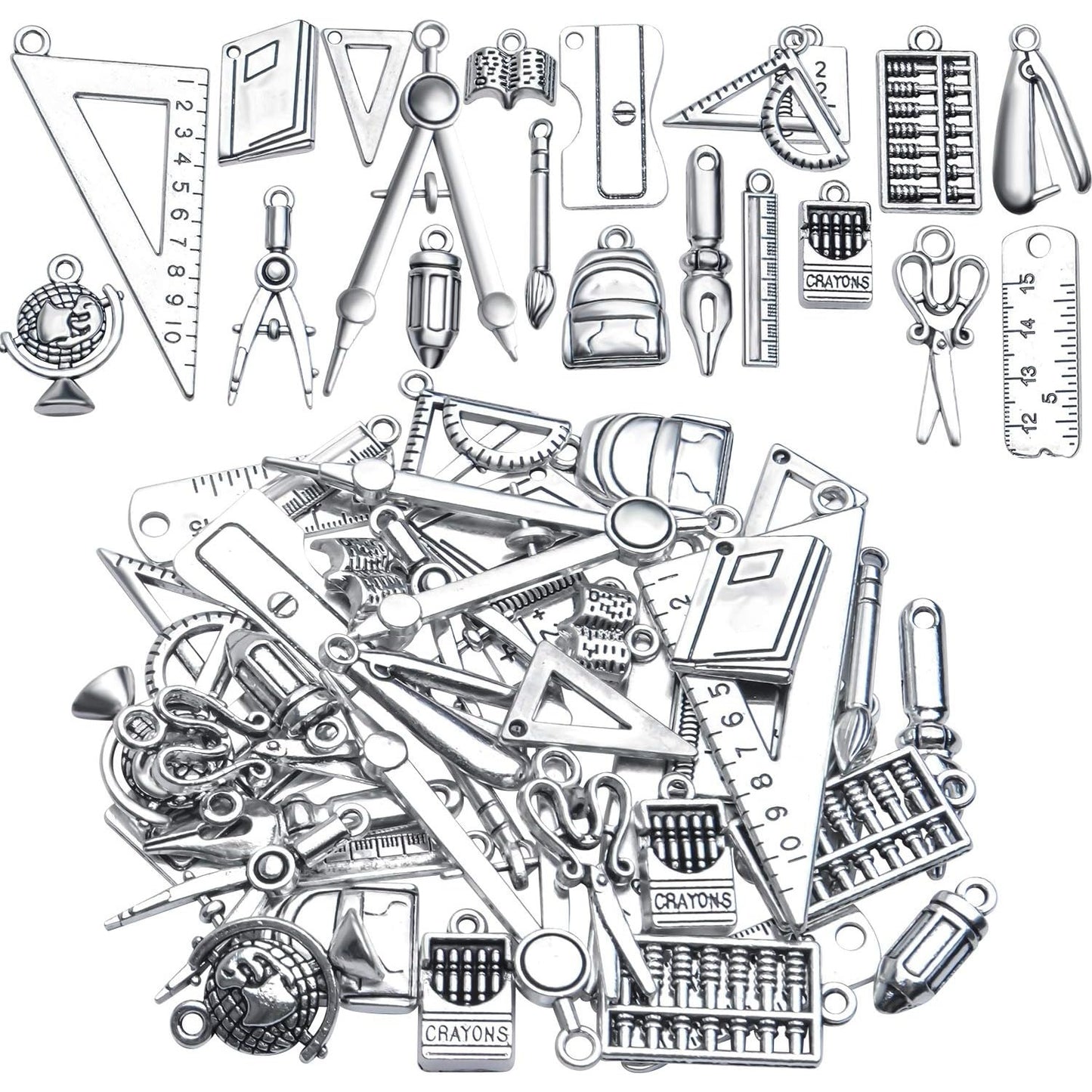 40pcs Craft Supplies Antique Silver Alloy School Teacher Charms Pendant Ruler Pencil Compasses Charm Pendants for DIY Jewelry Making Crafting Findings Accessory