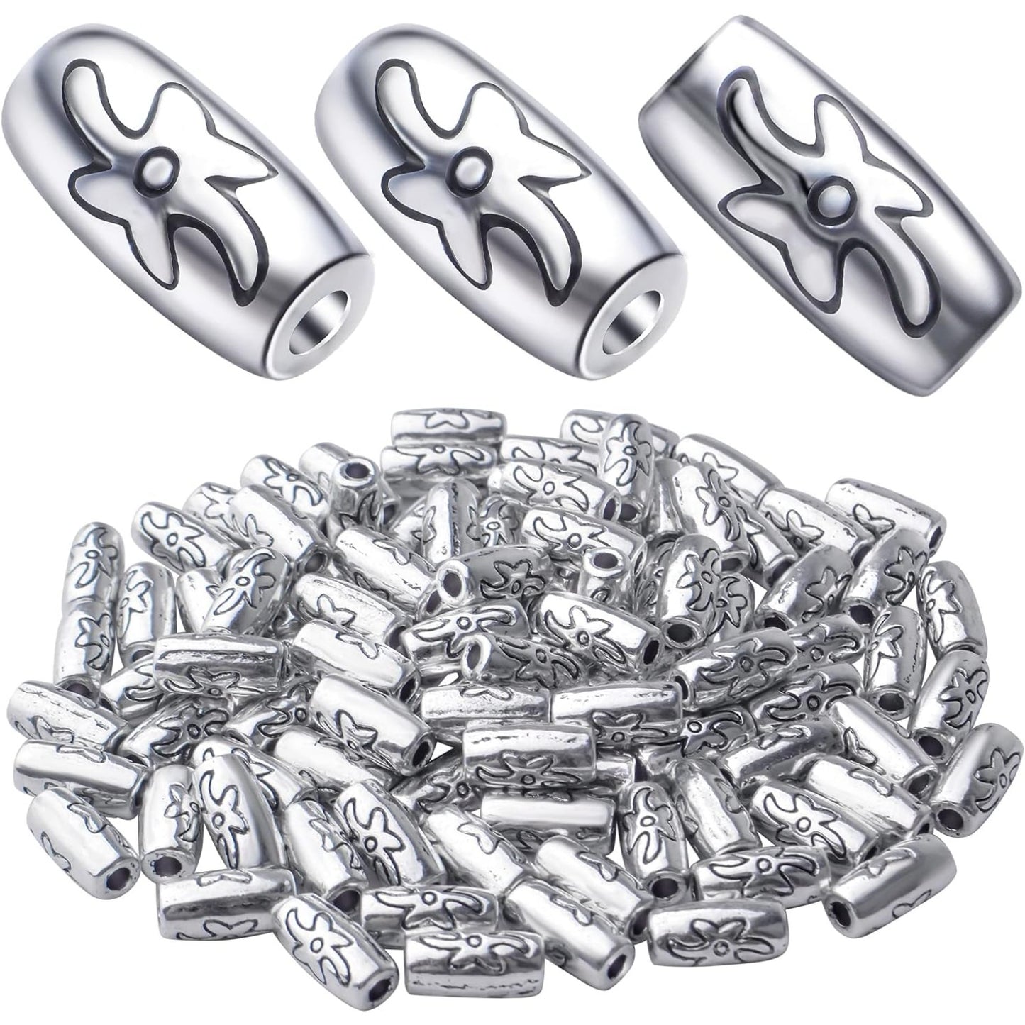 100pcs Spacers Beads Tibetan Antique Silver Column Spacer Beads Alloy Tube Beads Loose Bead Spacers Charm Beads for DIY Jewelry Crafts Making Finding