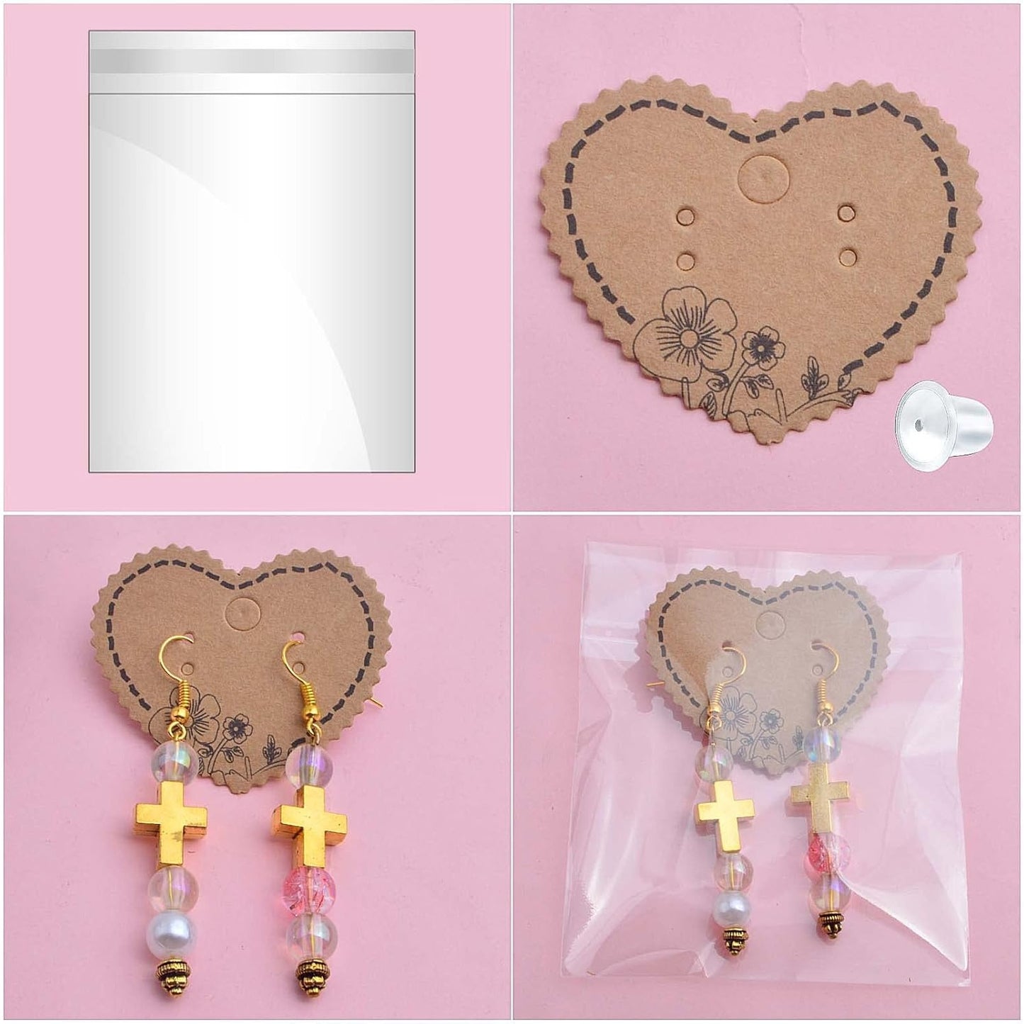 100pcs Heart Earring Card Holder Jewelry Display Cards and 100pcs OPP Self-Sealing Bags with 200pcs Clear Earring Backs for Necklace Earrings Jewelry Display, Brown