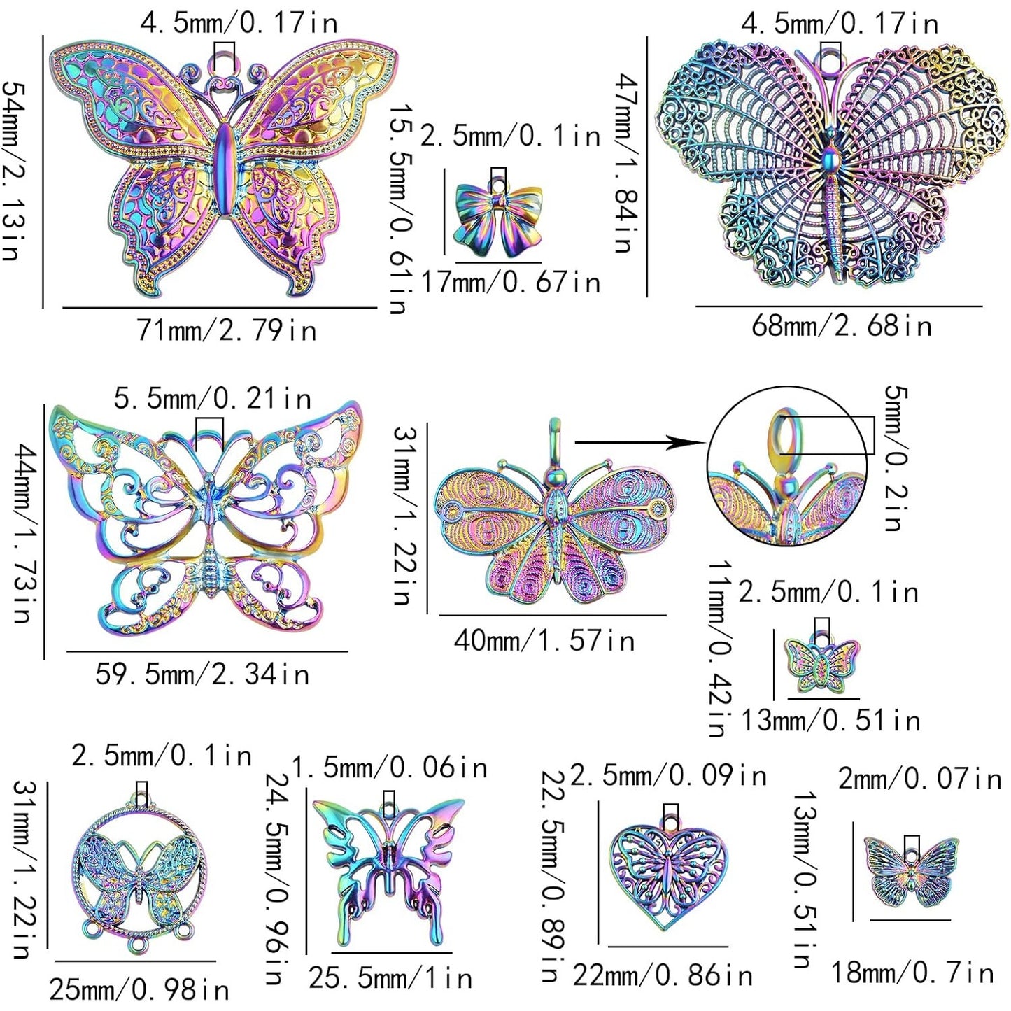 10pcs 10 Styles Butterfly Dangle Charms Alloy Butterfly Shape Pendants Ornaments Craft Supplies for DIY Bracelet Necklace Earrings Jewelry Making Hair Clip, Rainbow Color