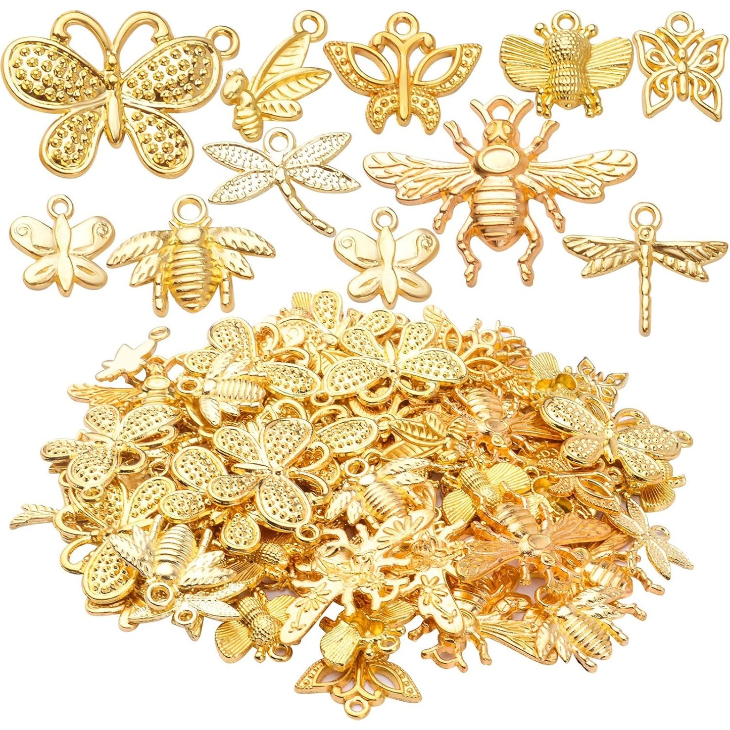 100pcs Gold Plated Mixed Butterfly Dragonfly Honeybee Charms Alloy Insect Dangle Pendants Craft Supplies for DIY Necklace Bracelet Jewelry Making Findings Accessory, 10 Styles
