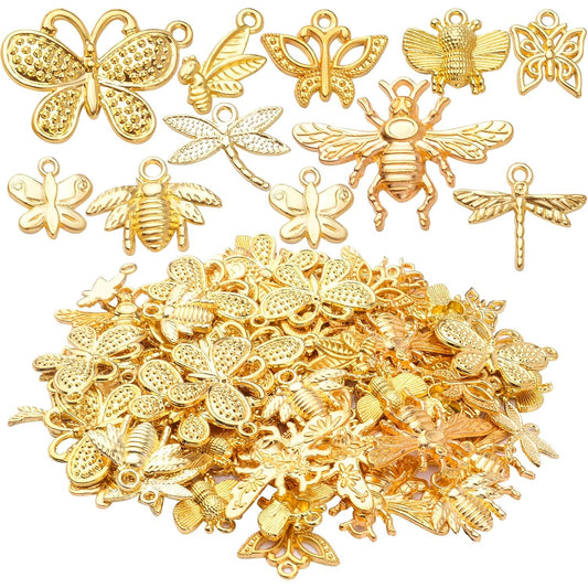 100pcs Gold Plated Mixed Butterfly Dragonfly Honeybee Charms Alloy Insect Dangle Pendants Craft Supplies for DIY Necklace Bracelet Jewelry Making Findings Accessory, 10 Styles