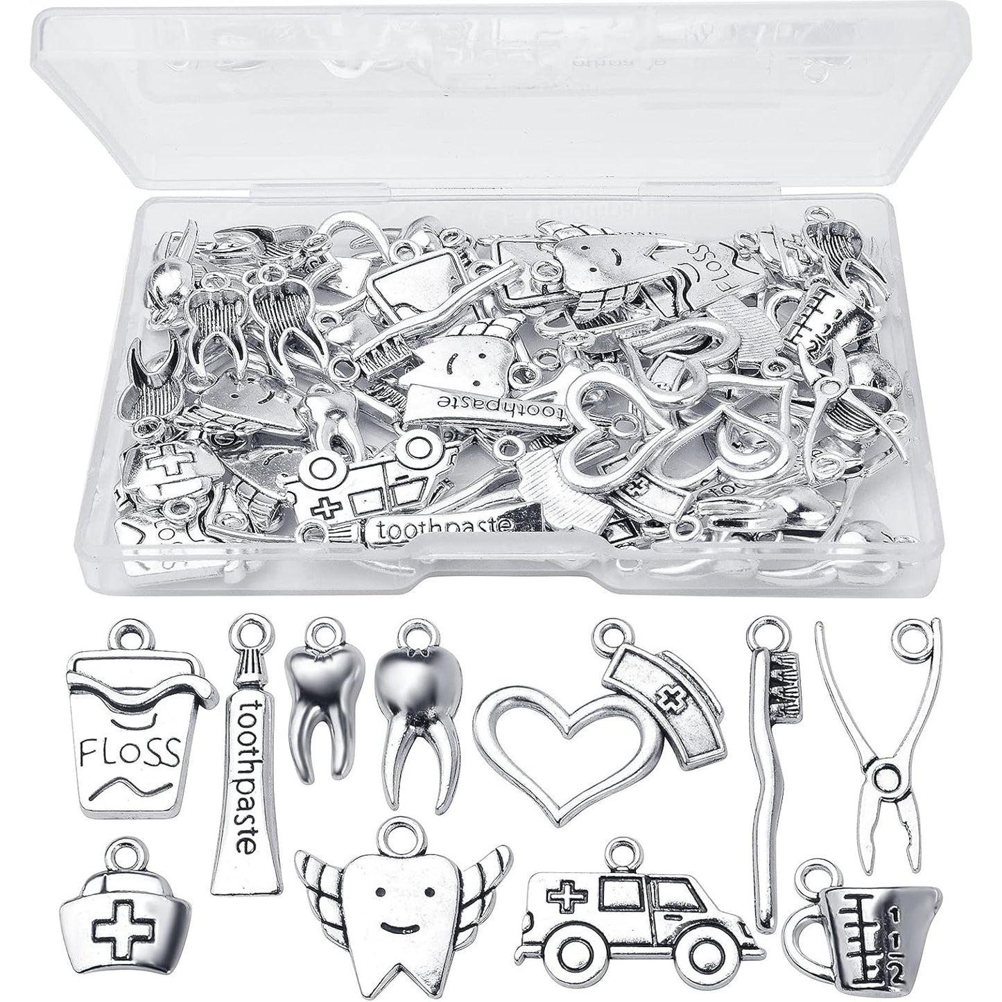 72pcs Antique Silver Healthy Tooth Teeth Charms Dentist Dental Hygienist Pendants with A Box Crafts Supplies for DIY Jewelry Necklace Bracelet Making