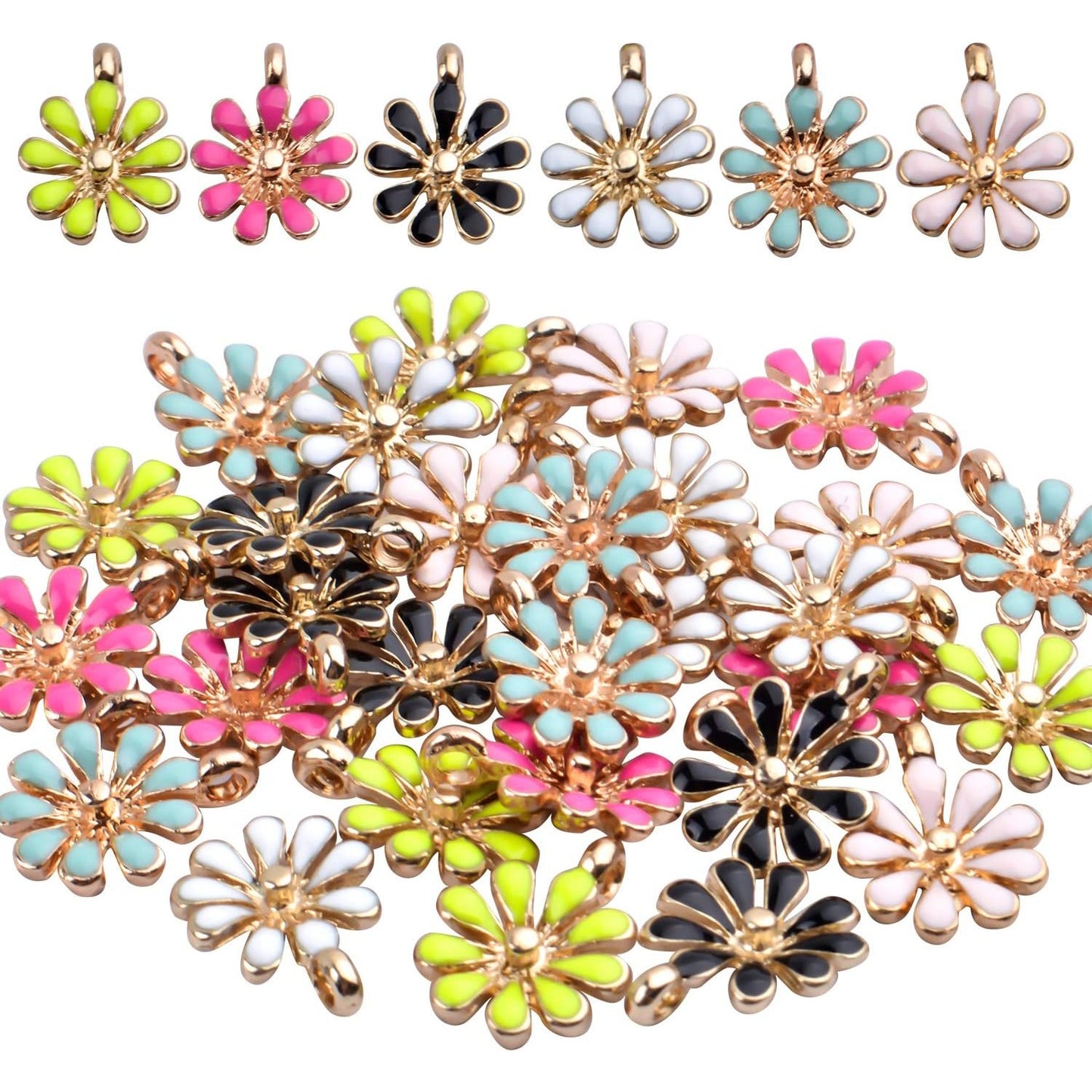 30pcs Enamel Flower Charms, Daisy Flower Pendants, 6 Colors, 12*15mm, Jewelry Findings for Necklace, Bracelet, Earrings, Crafting