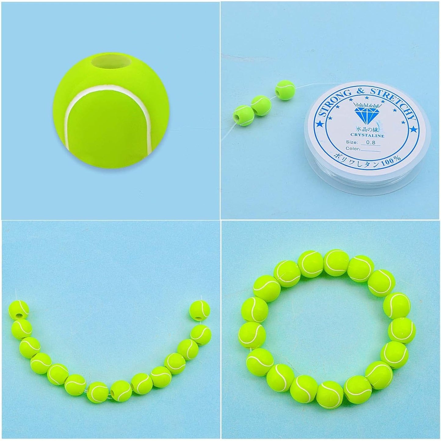 120pcs Tennis Spacer Beads Acrylic Tennis Sport Pony Beads with A Roll Crystal Wire Jewelry Findings Accessories for DIY Necklace Bracelet Keychain Crafts Decoration
