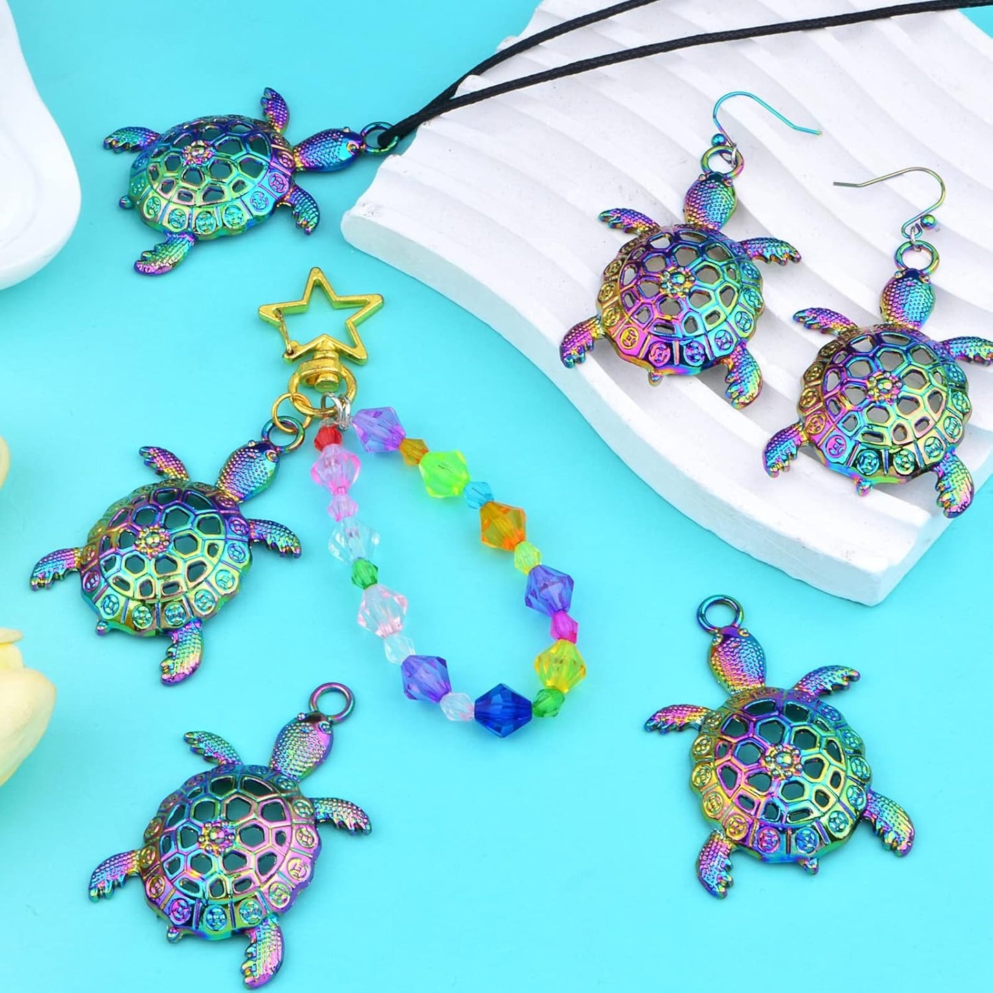 6 Pieces Rainbow Color Large Sea Turtle Charms Alloy Hollow Ocean Animal Turtle Tortoise Shape Dangle Pendants for DIY Necklace Bracelet Jewelry Making Supplies
