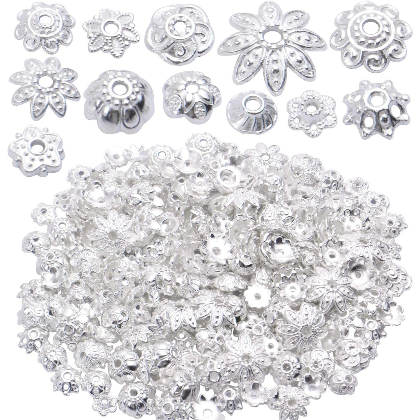 100 Gram(About 180-350pcs) Bead Caps Metal Spacers Jewelry Findings Accessories for Bracelet Necklace Jewelry Making,Silver