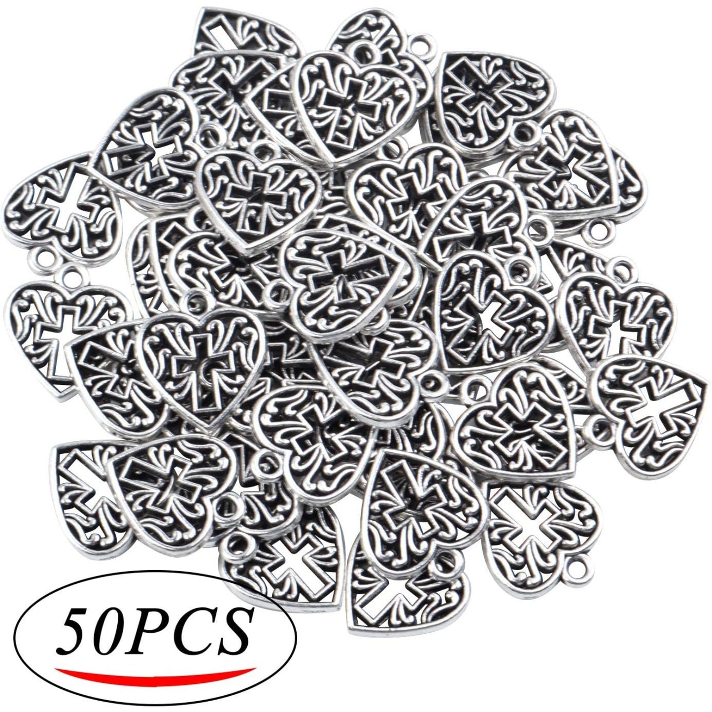 Heart Cross Charms, 50 Pieces Alloy Metal Love Heart with Cross Charms Pendants for Making Bracelet Necklace - Antique Silver
