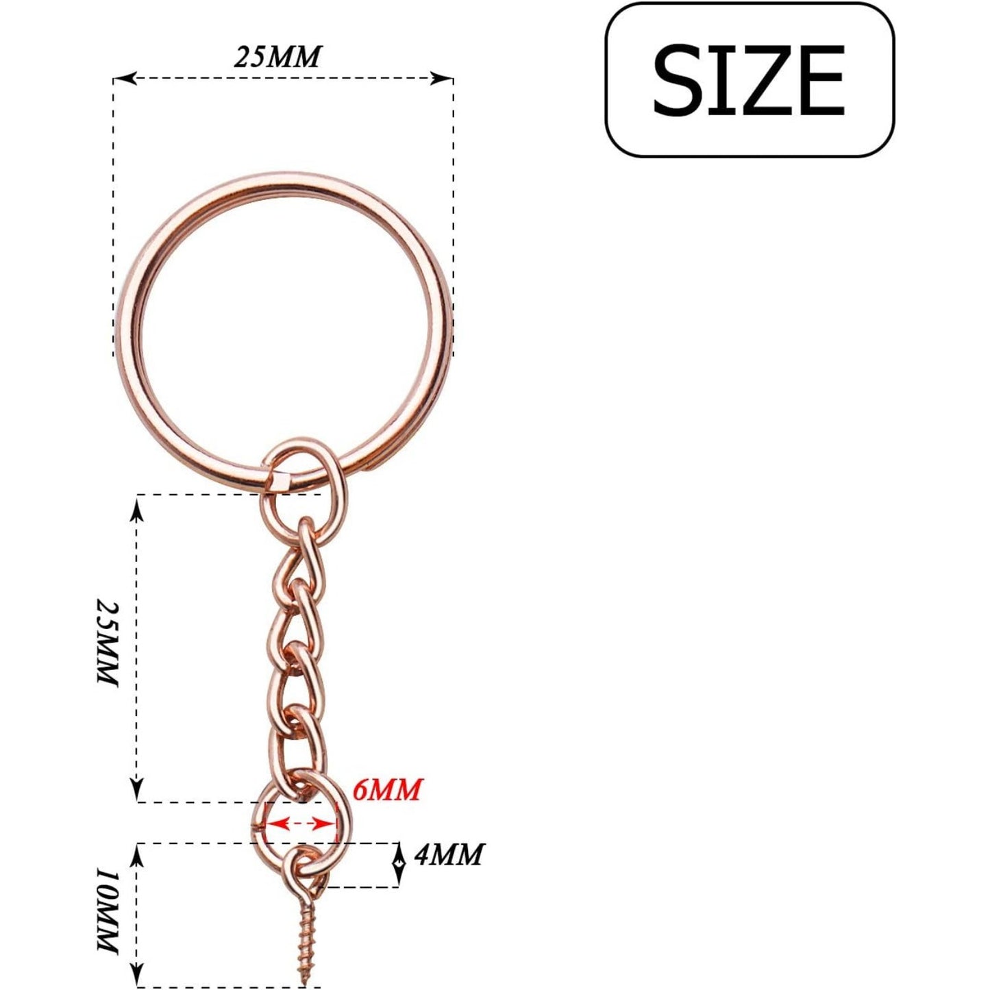 50pcs 25mm Split Key Ring with Extend Chain and 12mm Screw Eye Pin for Craft Charm Making,Rose Gold