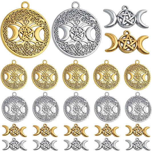 40pcs 2 Styles Tibetan Alloy Tree of Life Charms Vintage Triple Moon Goddess Pentacle Star Dangle Pendants Jewelry Accessories for DIY Necklace Bracelet Crafts Decoration, 2 Colors