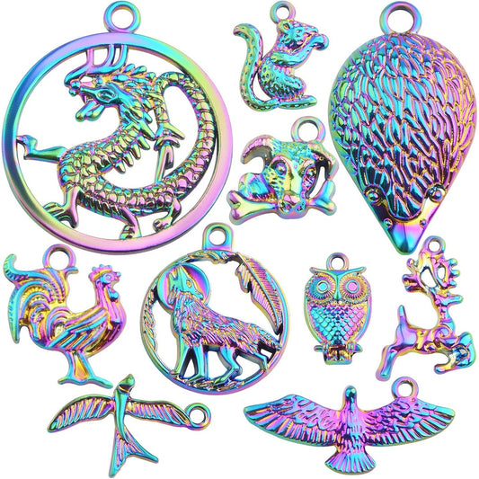10pcs Rainbow Color Lovely Animal Charms Alloy Flying Bird Owl Squirrel Chicken Angel Wing Pendants for DIY Necklace Bracelet Jewelry Making Spring Summer Decor, 10 Styles