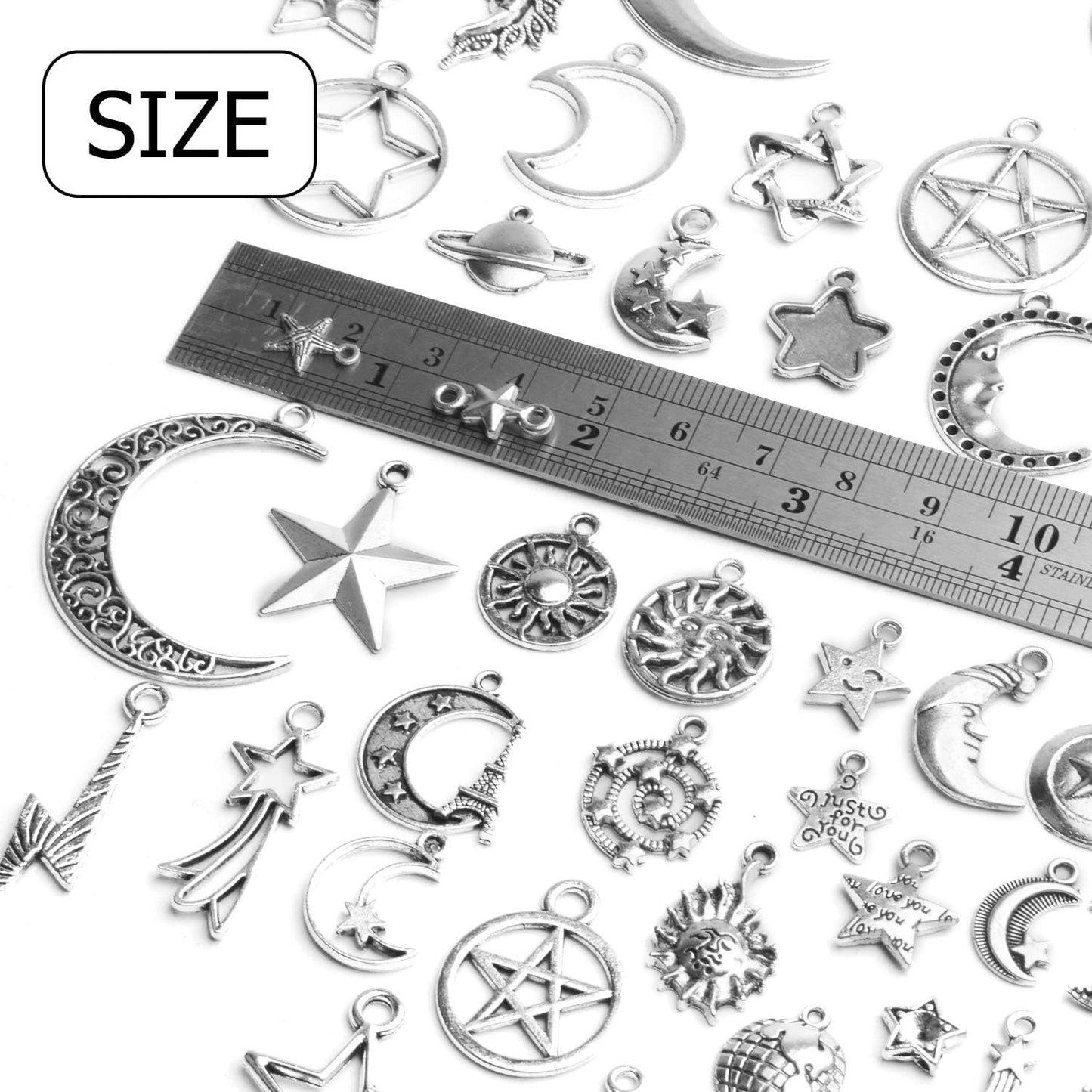 Celestial Pendant Charms, 100 Gram(65-85pcs) Mixed Sun Moon Star Charms Pendants Craft Supplies for Earrings Bracelets Necklaces Crafts Jewelry Making, 5-50mm