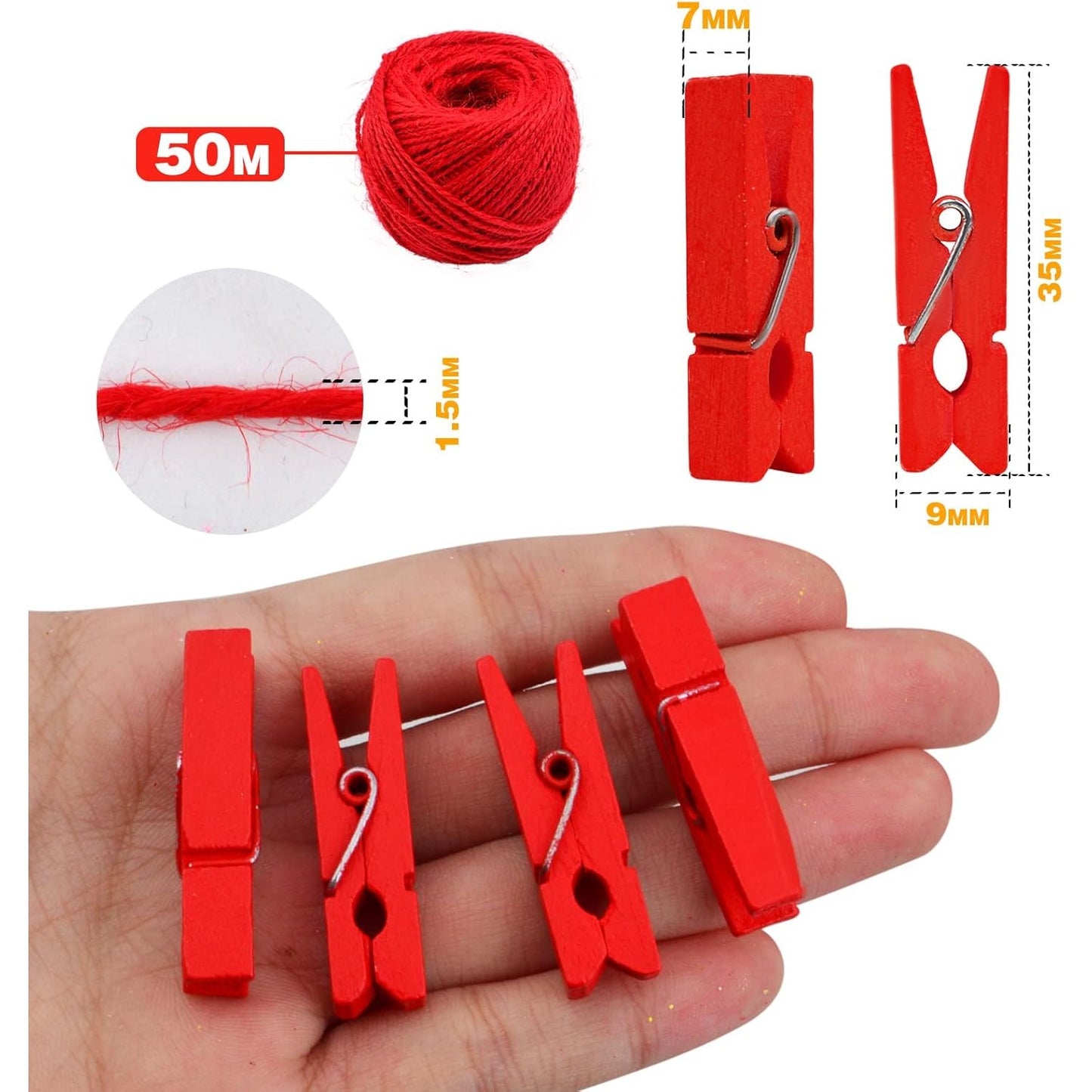50 Pieces Red Wooden Clothespins Photo Paper Clips Mini Laundry Peg Pins with 50 Meters Twine for DIY Crafts Christmas Wedding Party Decoration