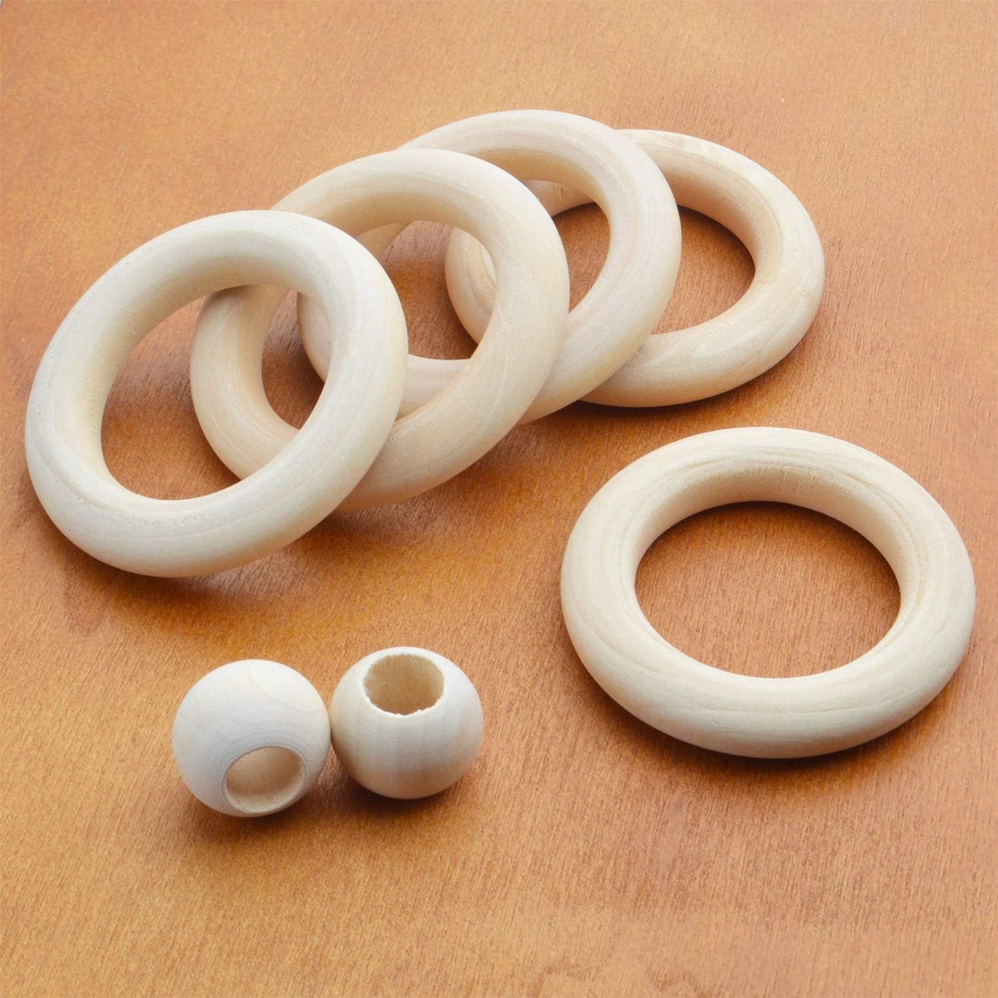 20Pcs Natural Wood Rings Wooden Hoop with 50Pcs Unfinished Wood Beads Wooden Loose Beads for DIY Pendant Connectors Jewelry Making Macrame Wall Hanging Craft