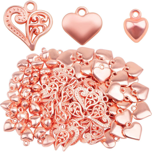 90pcs Rose Golden Heart Shaped Charms Alloy Hollow Polished Puff Love Heart Drop Pendants Craft Supplies for DIY Necklace Earrings Jewelry Making Decoration Gifts, 3 Styles