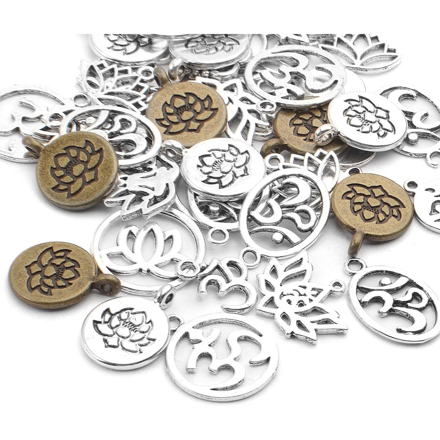 50pcs Antique Yoga OM Lotus Flower Styles Charms Mixed Pendants Findings for Jewellery Making Necklace Bracelet Crafts,10 Styles