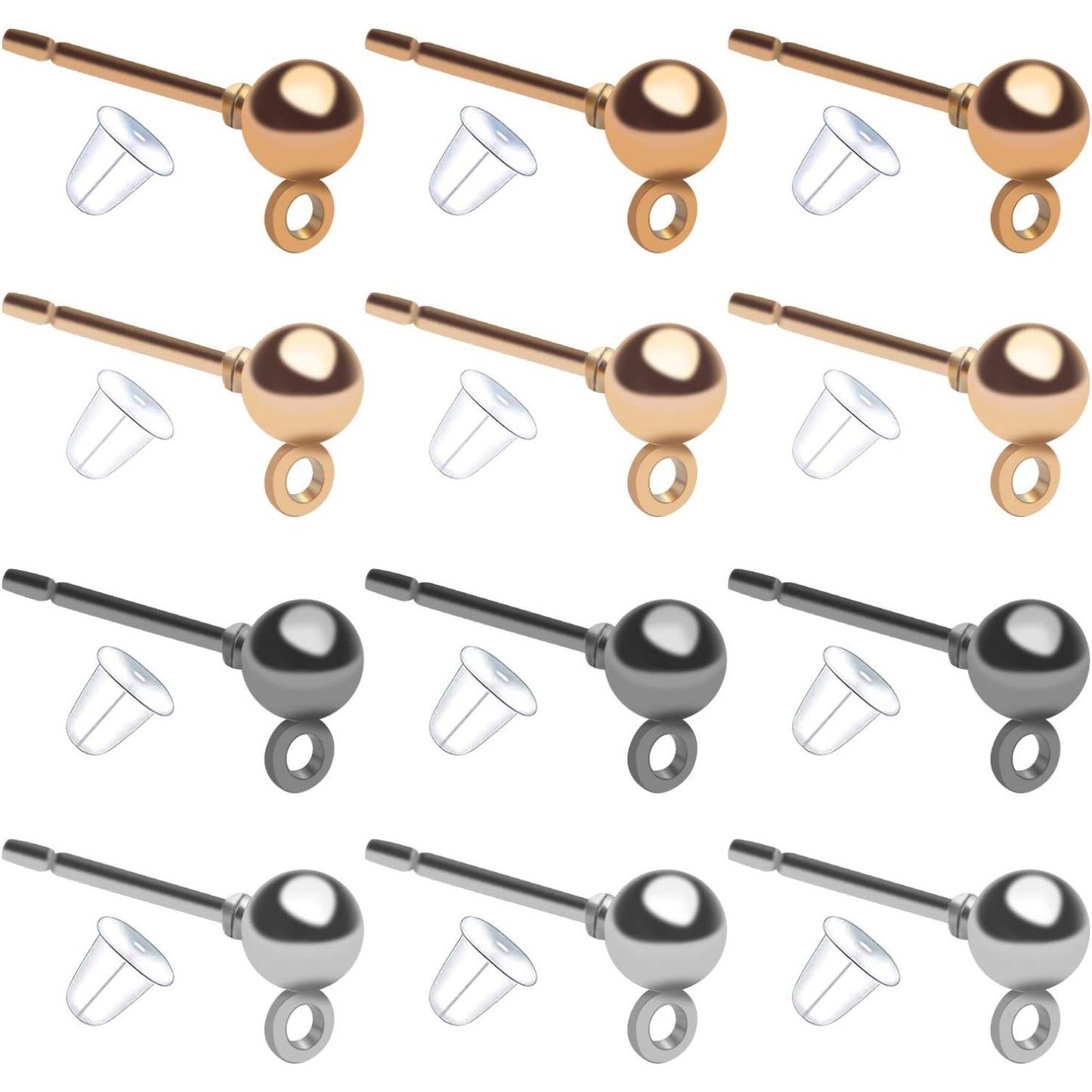 Ball Post Earrings with Loop, 40pcs 4mm Hypoallergenic Stainless Steel & Silicone Earring Studs & Backs, 4 Colors