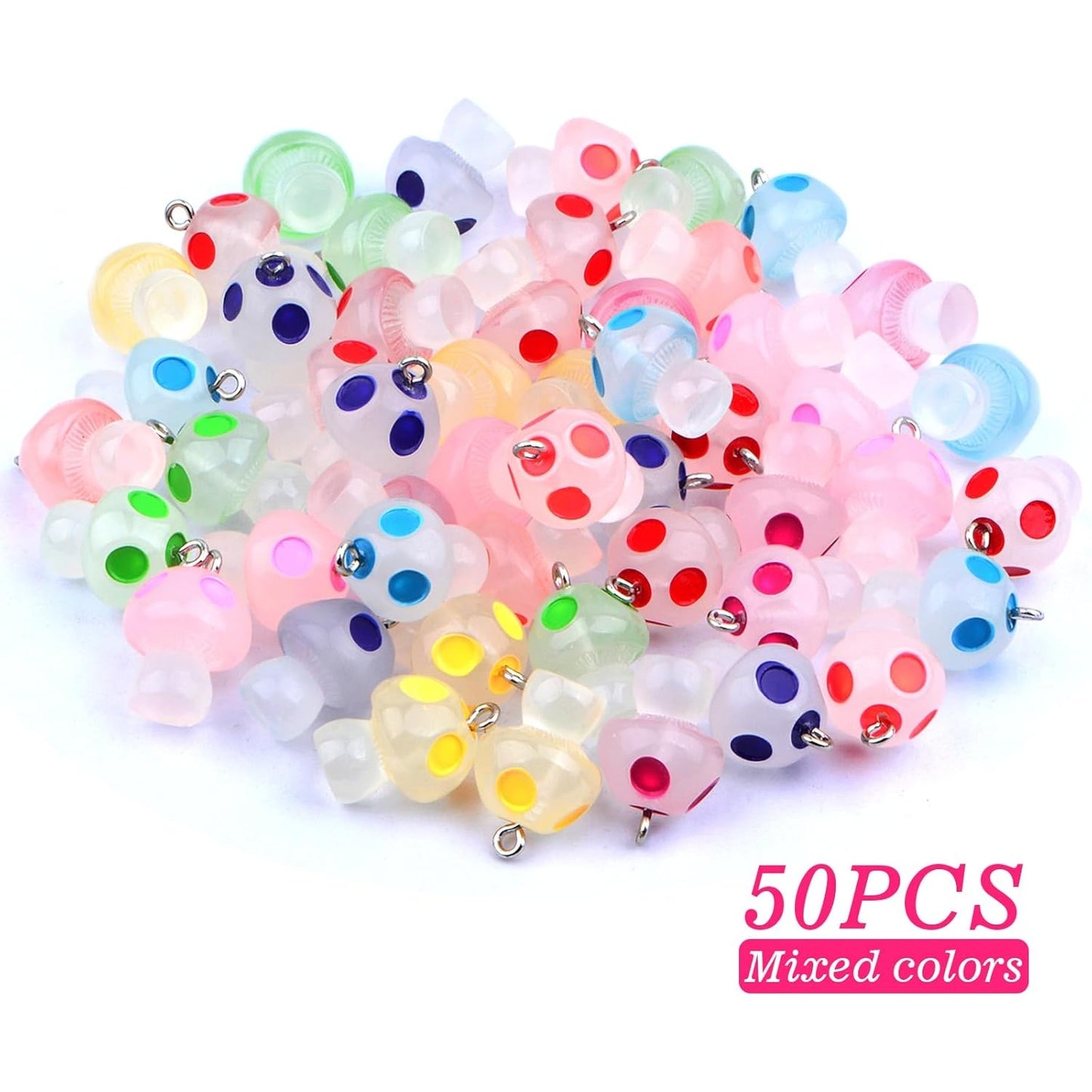 50pcs Luminous Mushroom Charms Resin Glow in The Dark Mushrooms Pendant Cute Mushroom Shape Charm Ornaments with Eye Pins for DIY Bracelet Necklace Earrings Jewelry Making, 8 Colors