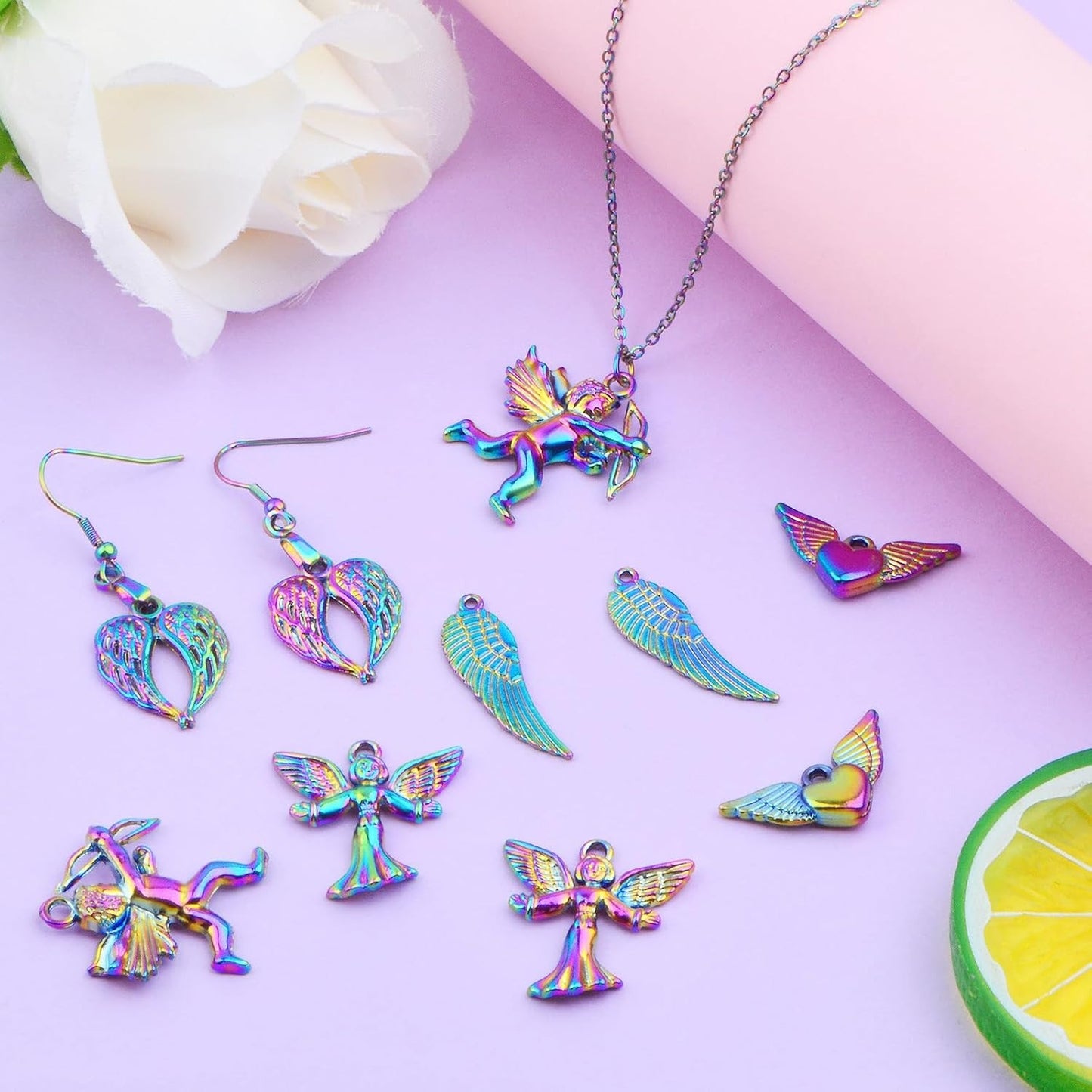 10pcs 5 Styles Angel Theme Charms Alloy Angel Wings Pendants, 2pcs French Earring Hooks and 1pcs Pendant Necklace for DIY Dangle Earrings Jewelry Making Supplies, Rainbow Color