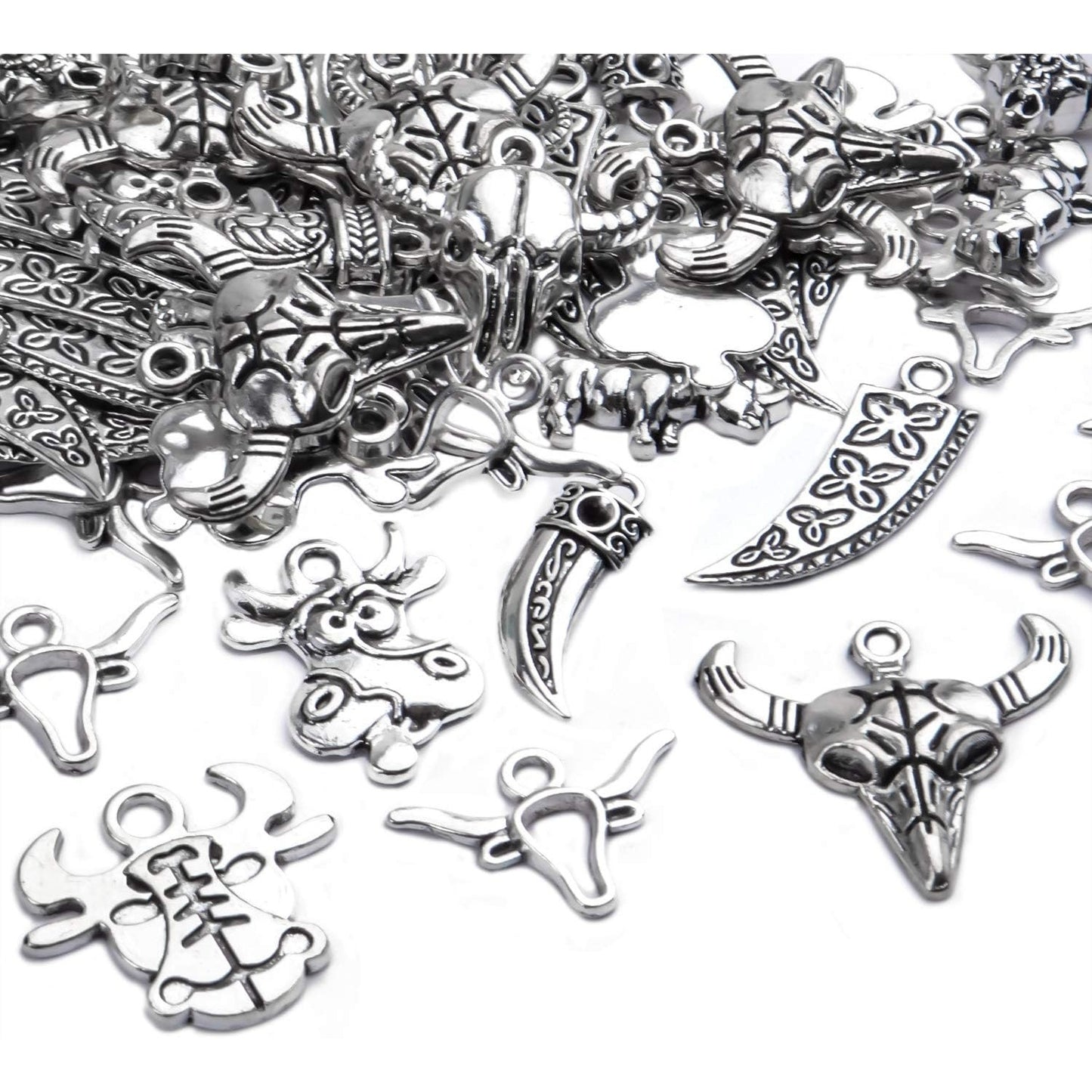 Cow Charms Bulk,100g (40-60pcs) Antique Silver Cow Pendant Vintage Alloy Cattle Charms for DIY Necklace Bracelet Keyring Craft