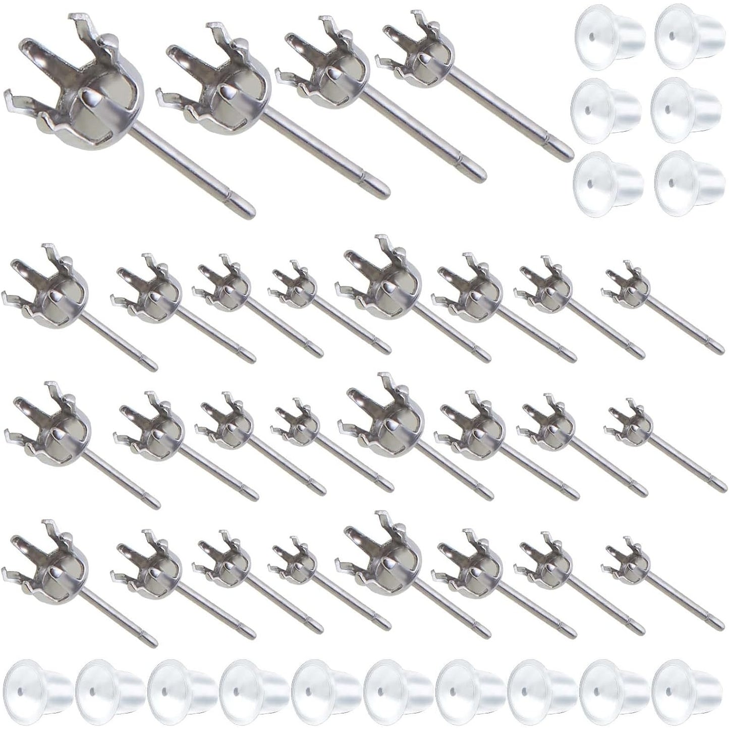 40pcs Stainless Steel Earring Posts Hypoallergenic Crown Piercing Earring Studs and 40pcs Clear Bullet Earring Backs for Women Girls DIY Dangle Jewelry Making, 4 Sizes