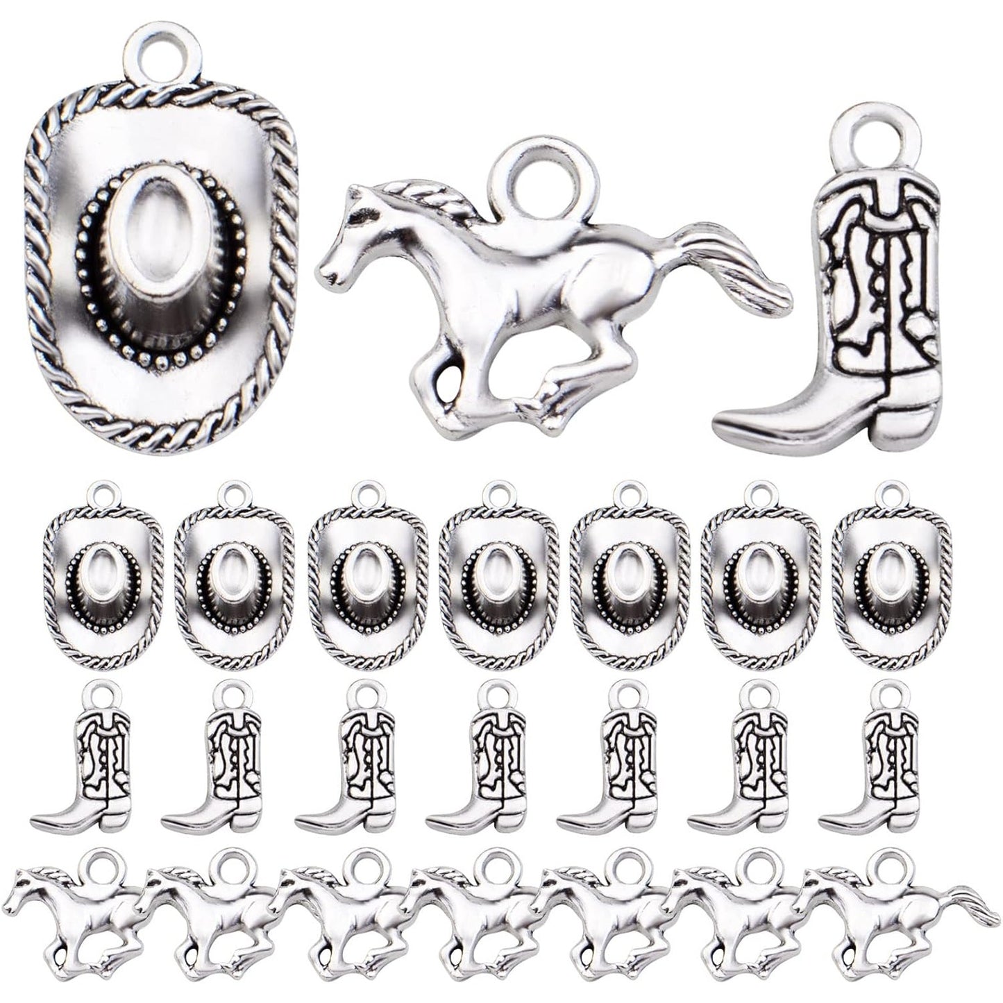 60pcs Silver Western Cowboy Charms Pendants Alloy Horse Cowboy Boot Hat Dangle Charms for DIY Earrings Bracelet Necklace Jewelry Making
