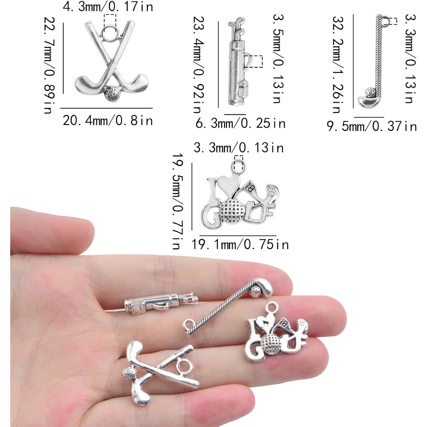40pcs Antique Silver Assorted Golf Theme Charms Tibetan Alloy Sports Spirit Golfing Pendants Golf Club Charms Bulk for DIY Crafts Necklace Earrings Jewelry Making, 4 Styles