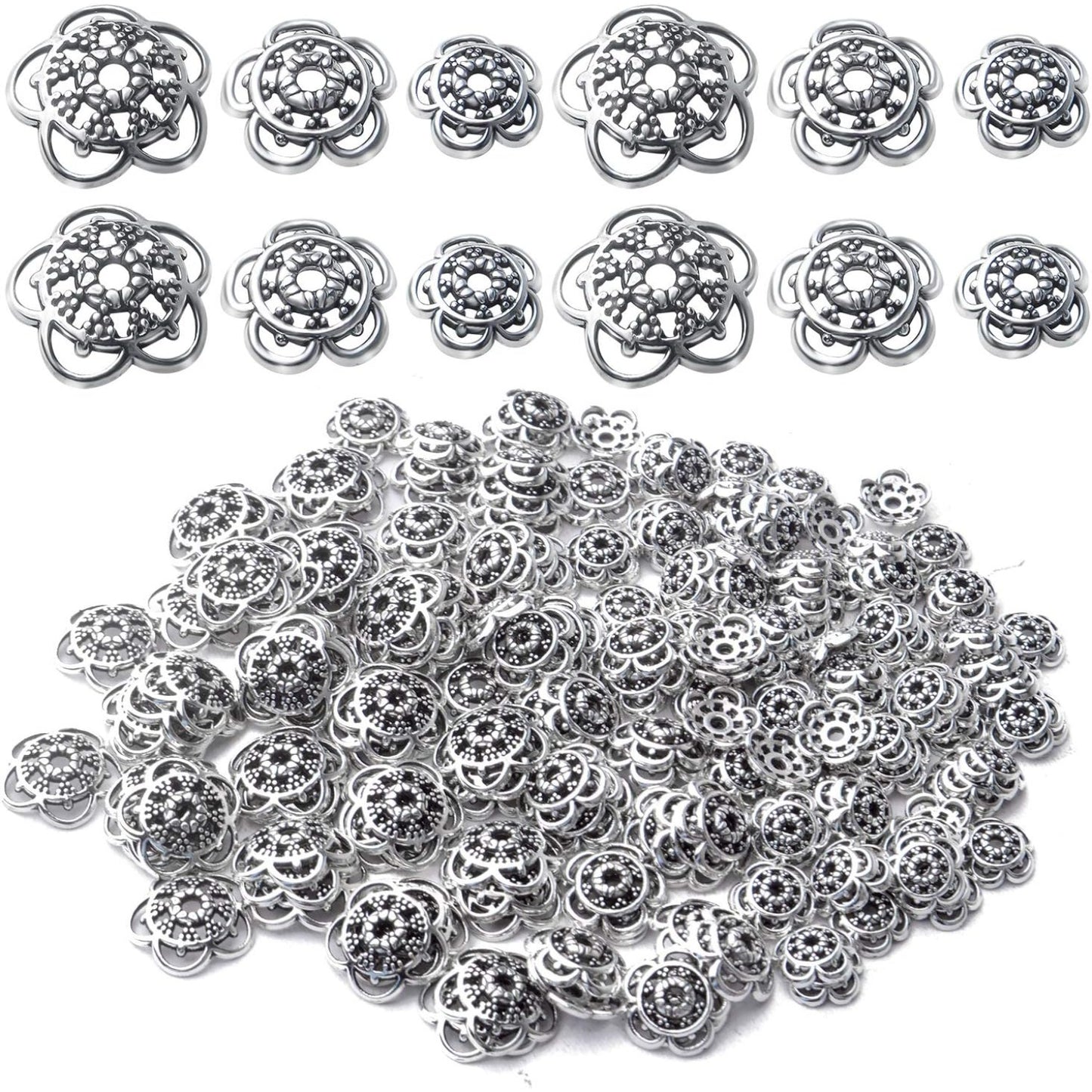 200pcs 12mm/10mm/8mm Antique Silver Flower Bead Caps Alloy Tibetan Spacer Bead Caps Bali Style Jewelry Spacer Caps for Earring Necklace Jewelry Making Supplies