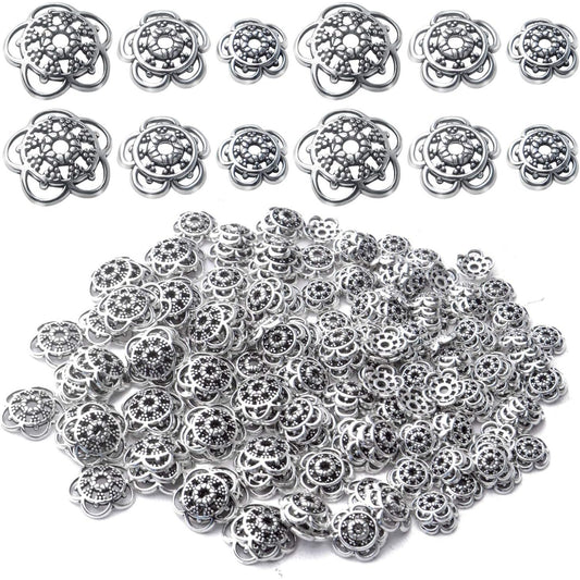 200pcs 12mm/10mm/8mm Antique Silver Flower Bead Caps Alloy Tibetan Spacer Bead Caps Bali Style Jewelry Spacer Caps for Earring Necklace Jewelry Making Supplies