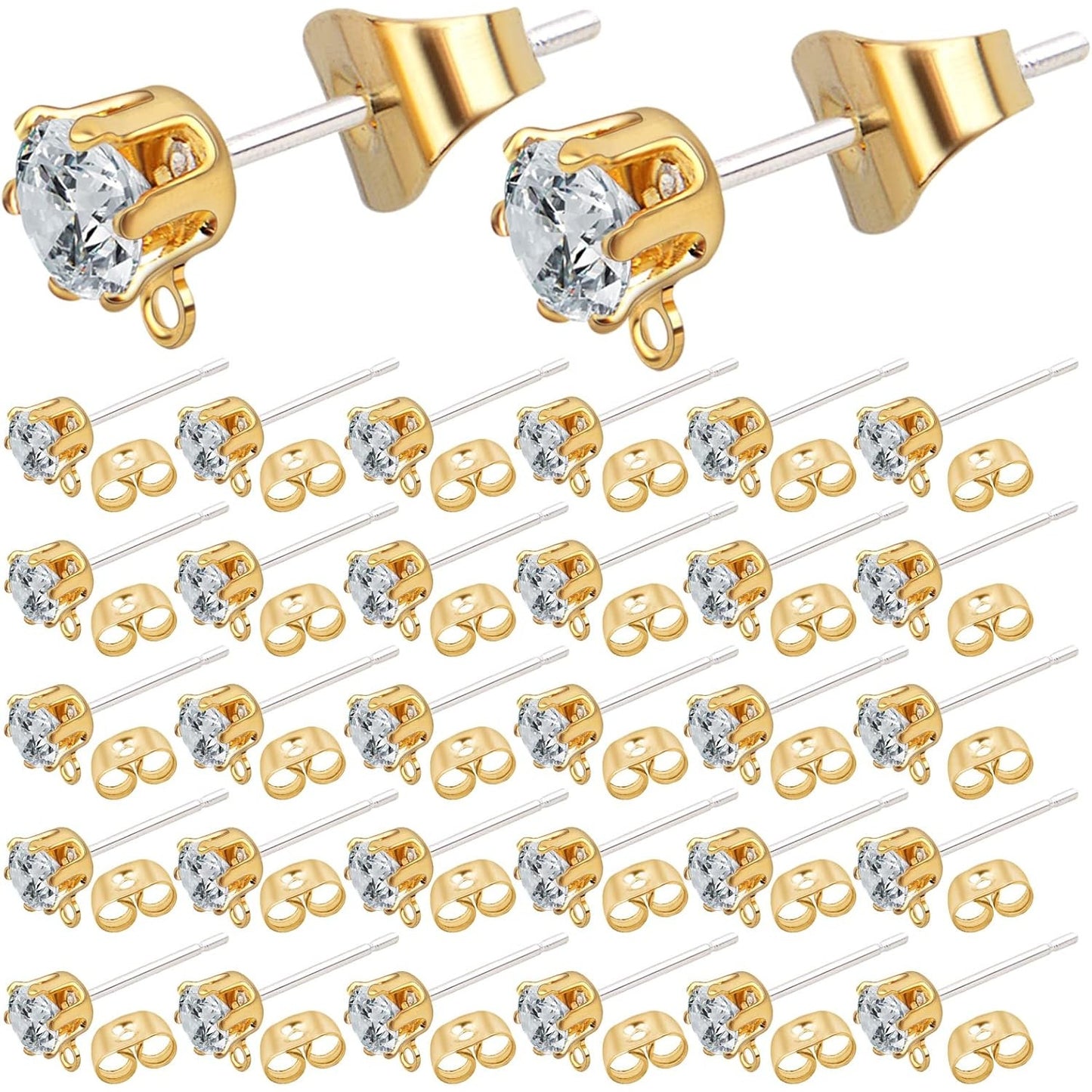 40pcs Rhinestone Earring Posts with Loop Hypoallergenic Cubic Zirconia Earring Studs and 40pcs Earring Safety Backs for DIY Jewelry Making Craft Decor, KC Golden