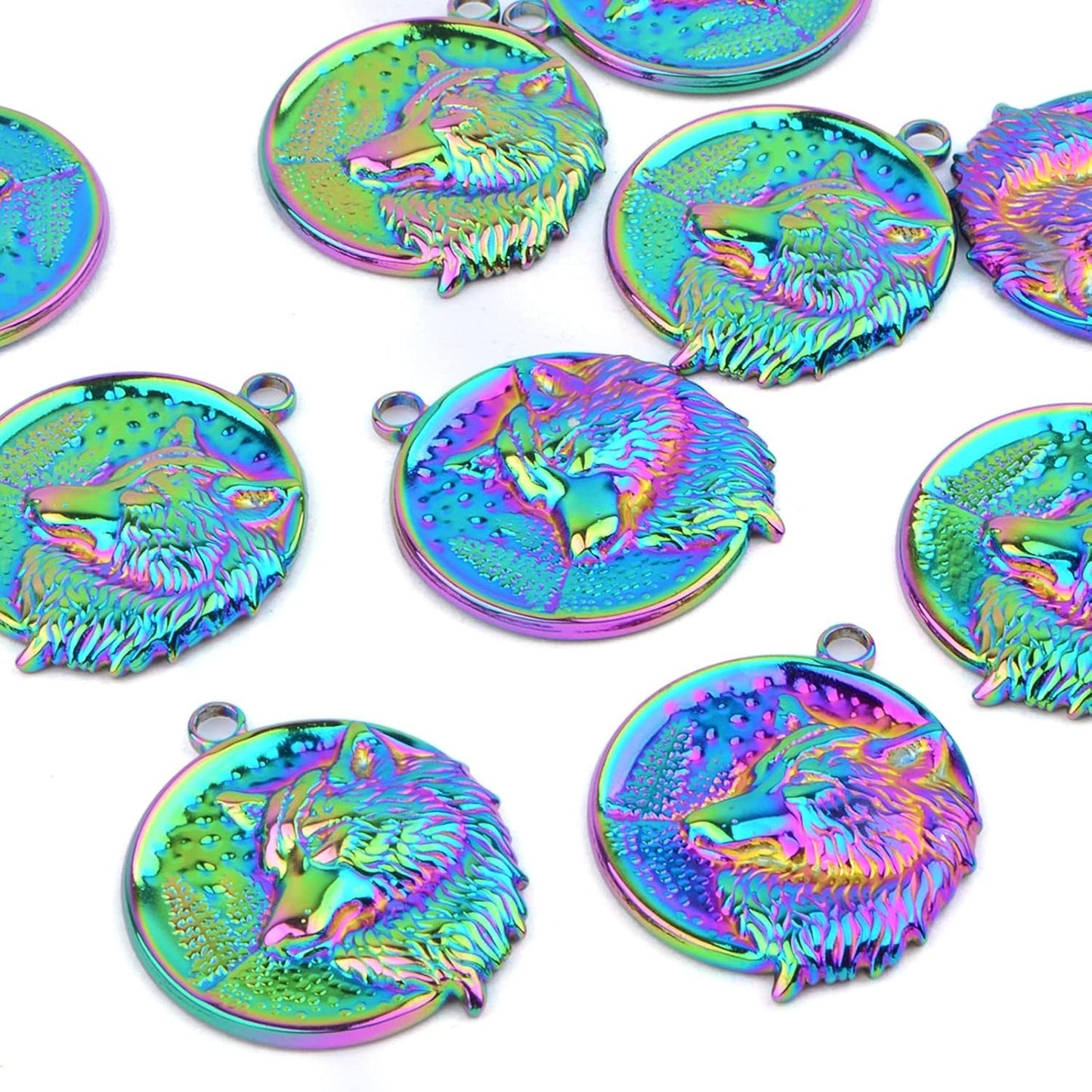 10pcs Rainbow Color Hypoallergenic Wolf Head Charms Stainless Steel Animal Head Shape Dangle Pendants Hanging Ornaments for DIY Necklace Bracelet Jewelry Making Supplies