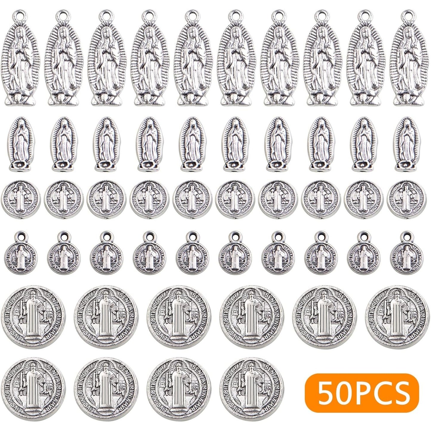 50pcs Antique Silver Mixed Jesus Virgin Mary Religious Benedict Medallion Spacer Beads and Pendant Charms for DIY Rosary Necklace Bracelet Jewelry Making, 5 Styles