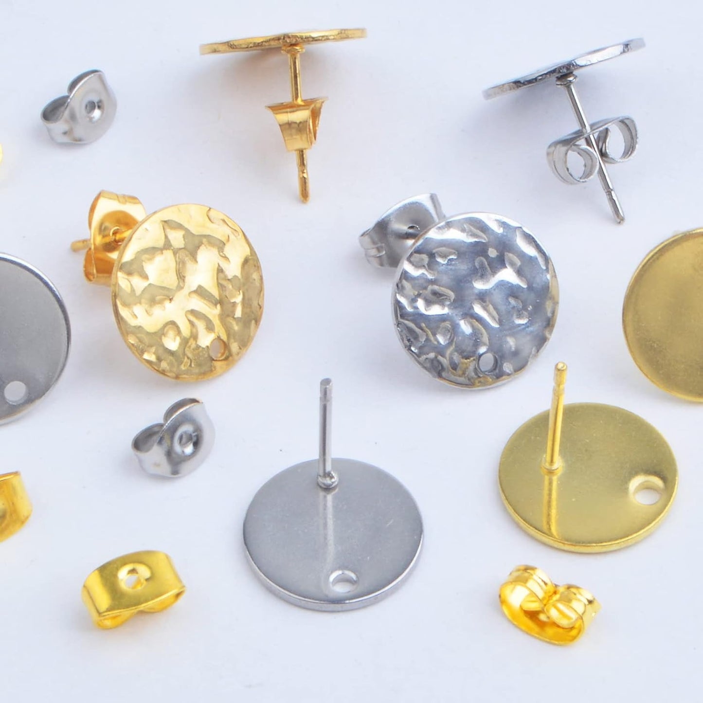 24pcs 12 mm 2 Styles Stainless Steel Earring Posts with Loop Blank Flat Round Stud Earrings and 24pcs Butterfly Earring Backs for DIY Jewelry Making Findings, 2 Colors