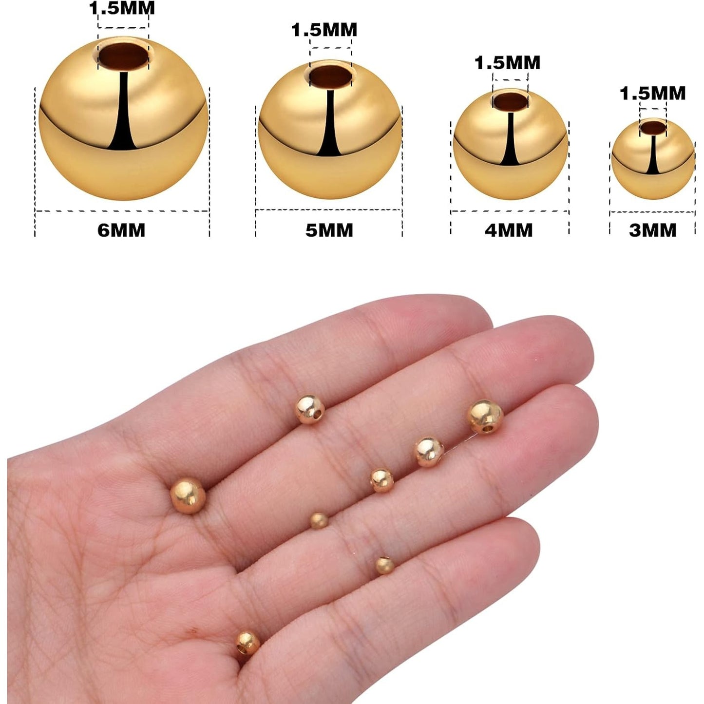 300pcs Gold Plated Round Spacer Beads Brass Tarnish Resistant Seamless Smooth Beads Loose Ball Beads for DIY Necklace Bracelet Crafts Jewelry Making Findings, 3 mm/4 mm/5 mm/6 mm
