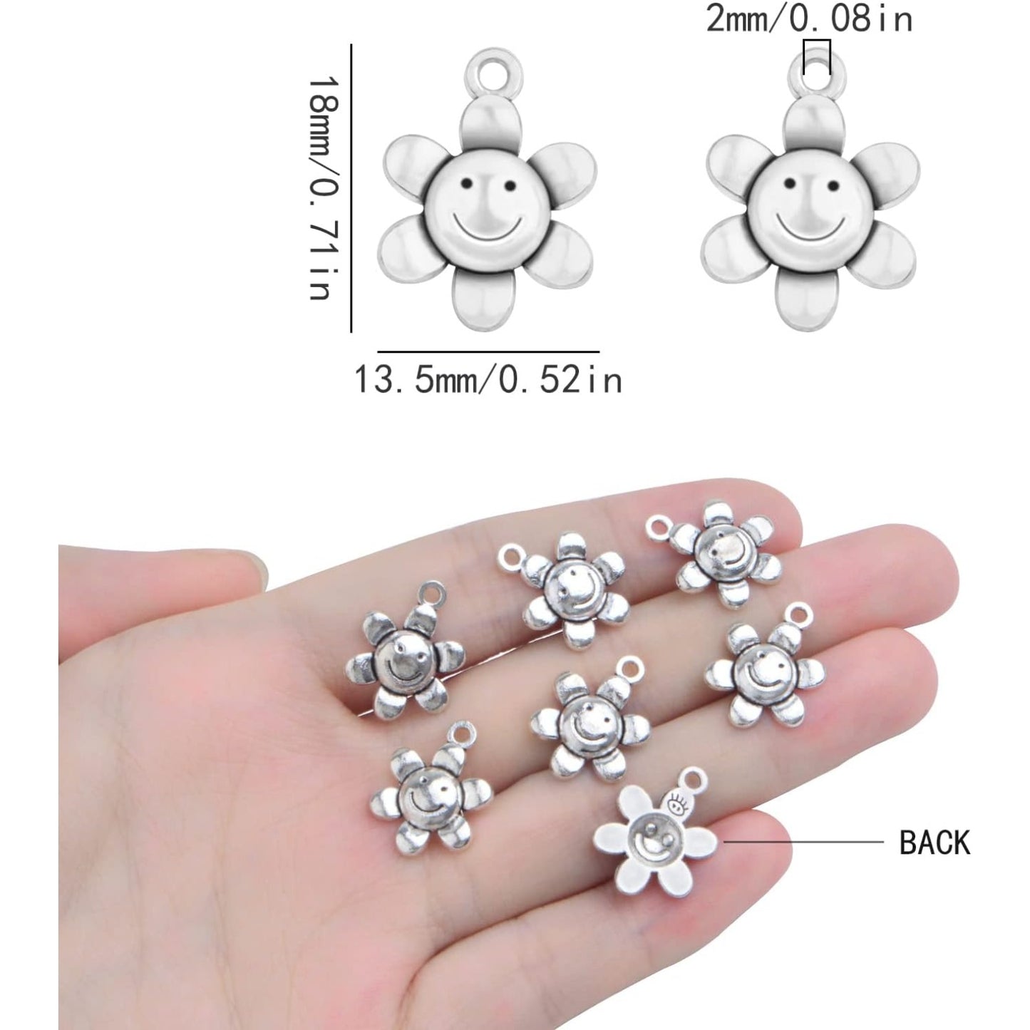 100pcs Antique Silver Smiley Sunflower Charms Alloy Sun Flower Smile Face Dangle Pendants Jewelry Findings Accessories for DIY Bracelet Necklace Earrings Crafts Making