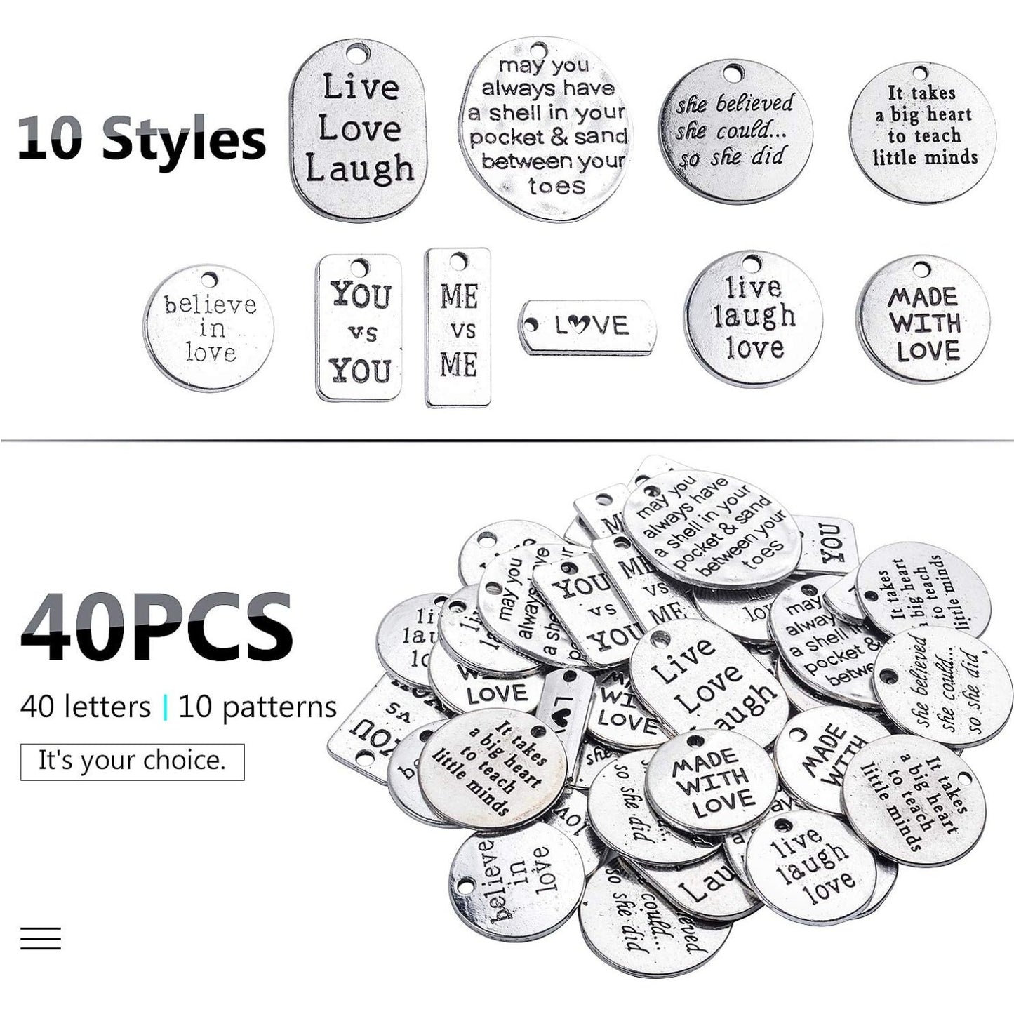 40pcs Mixed Words Charms Beading Pendants for Choker Necklace Bracelet Crafting Findings Antique Silver